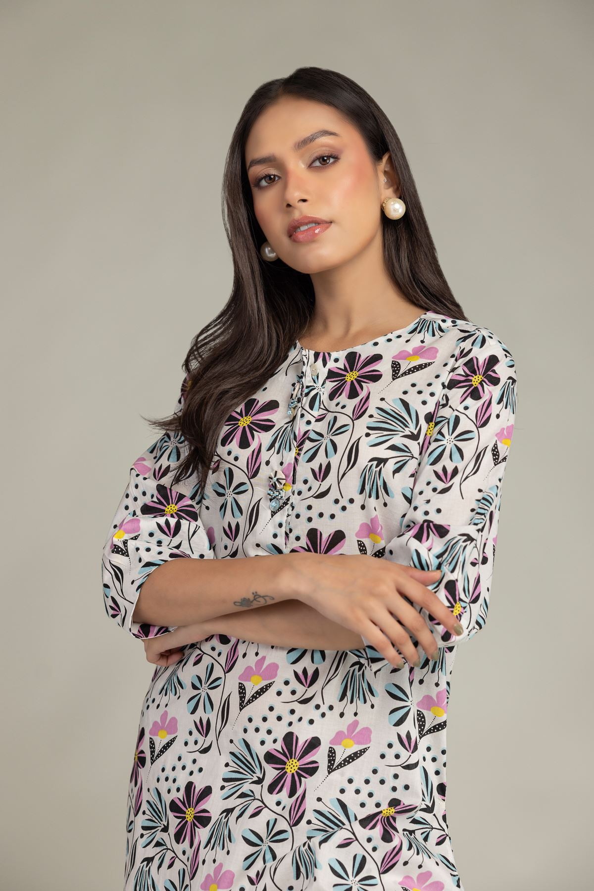 Printed Cambric Floral Cambric Kurta - 1-26-227-A-B1-VG