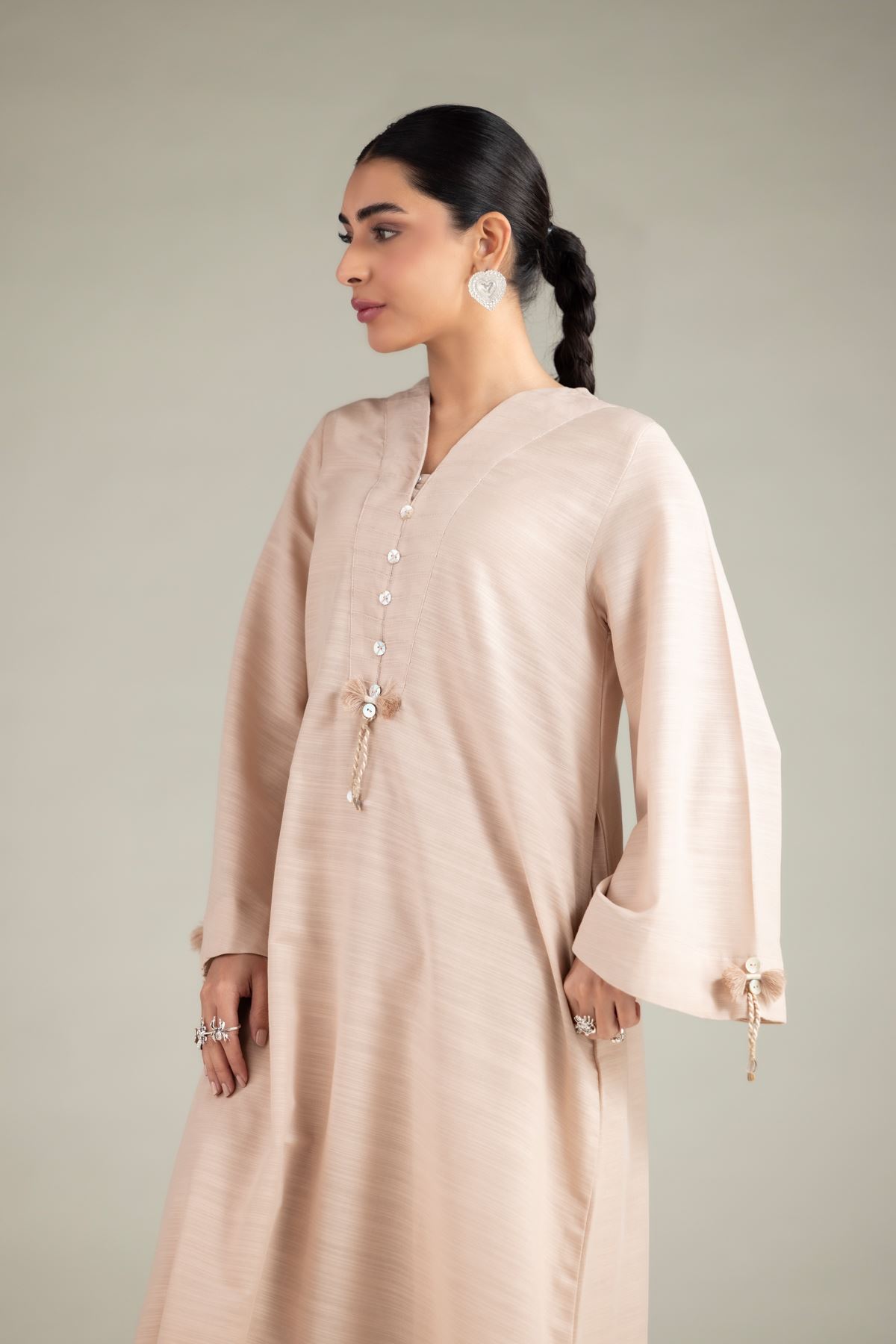 Dyed Textured Cotton Longline Tassel Kurta - 1-26-108-A-F-VG