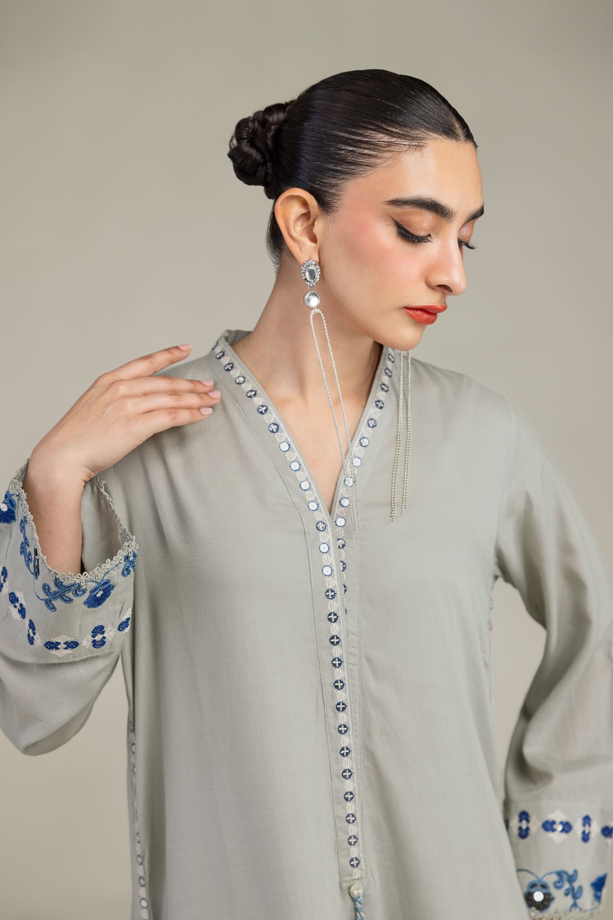 Embroidered Raw Silk Floral V-Neck Kurta - 1-26-203-B-H1-VG