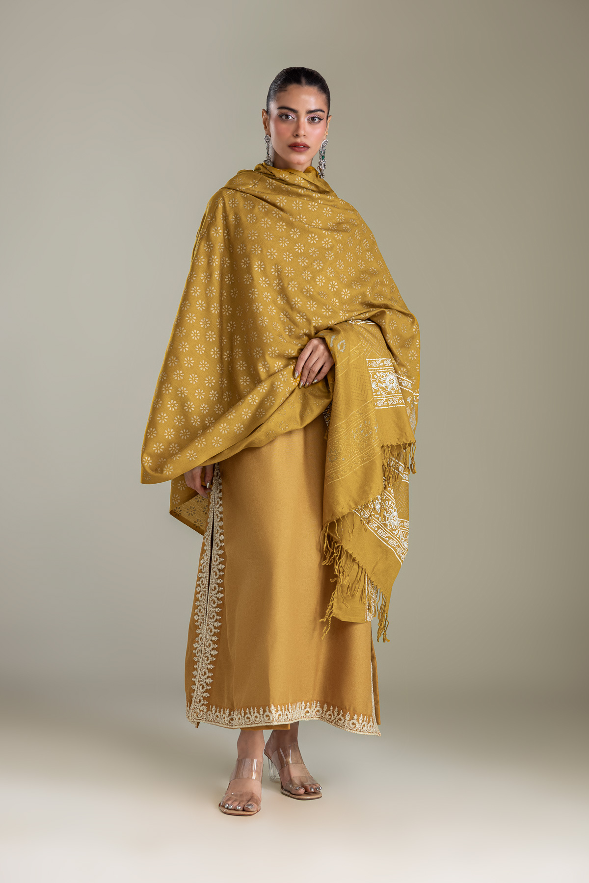 Embroidered Rashmina Acrylic Mustard Floral Shawl - 1-26-433-A-C1-VG