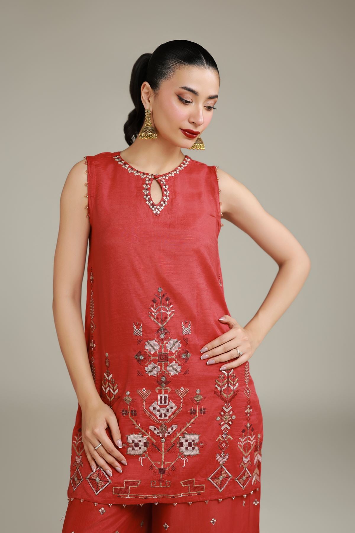 Embroidered Raw Silk Printed Rust Kurta - 1-26-137-A-B-VG