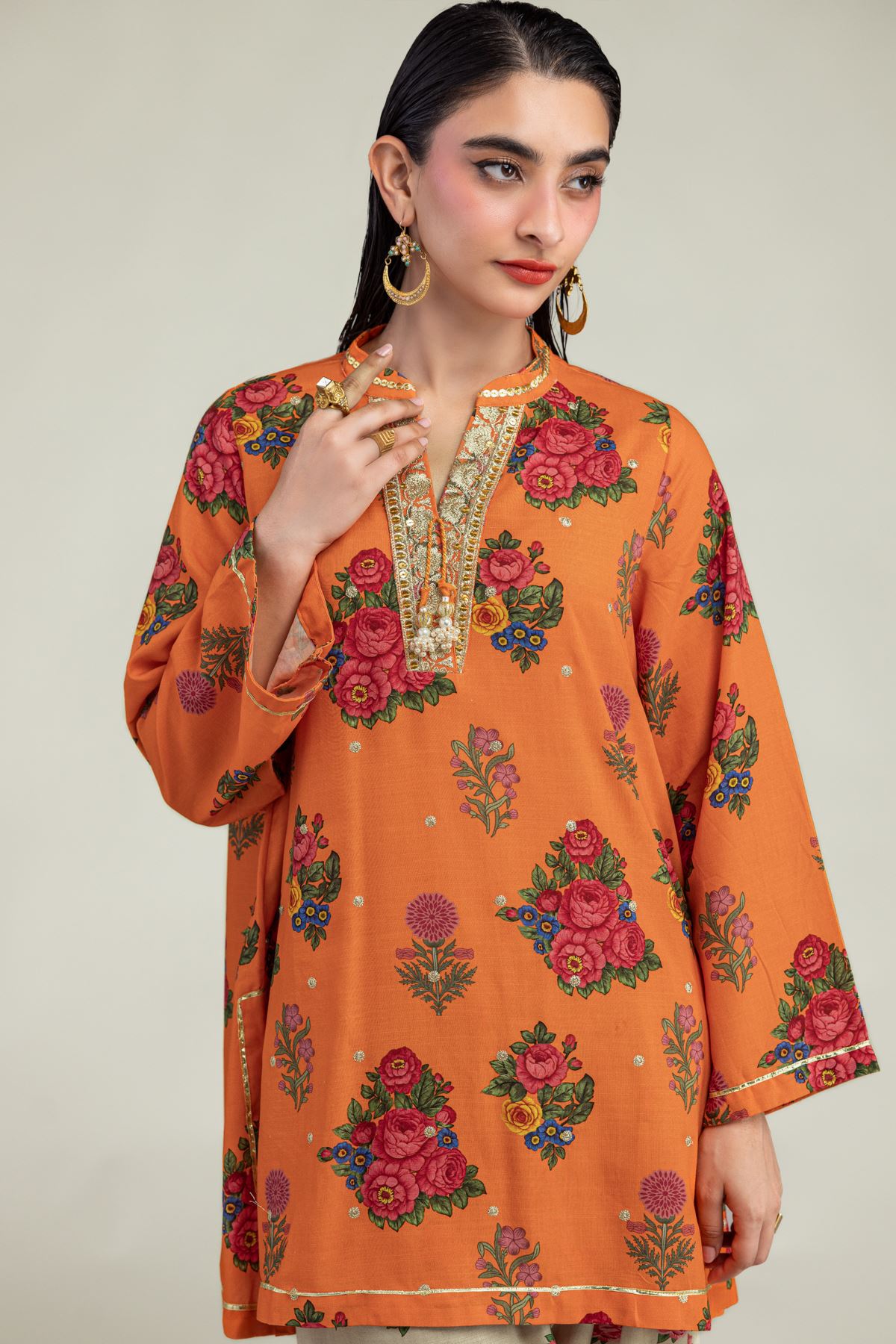 Embroidered Raw Silk Orange Floral Kurta - 1-26-221-A-G1-VG