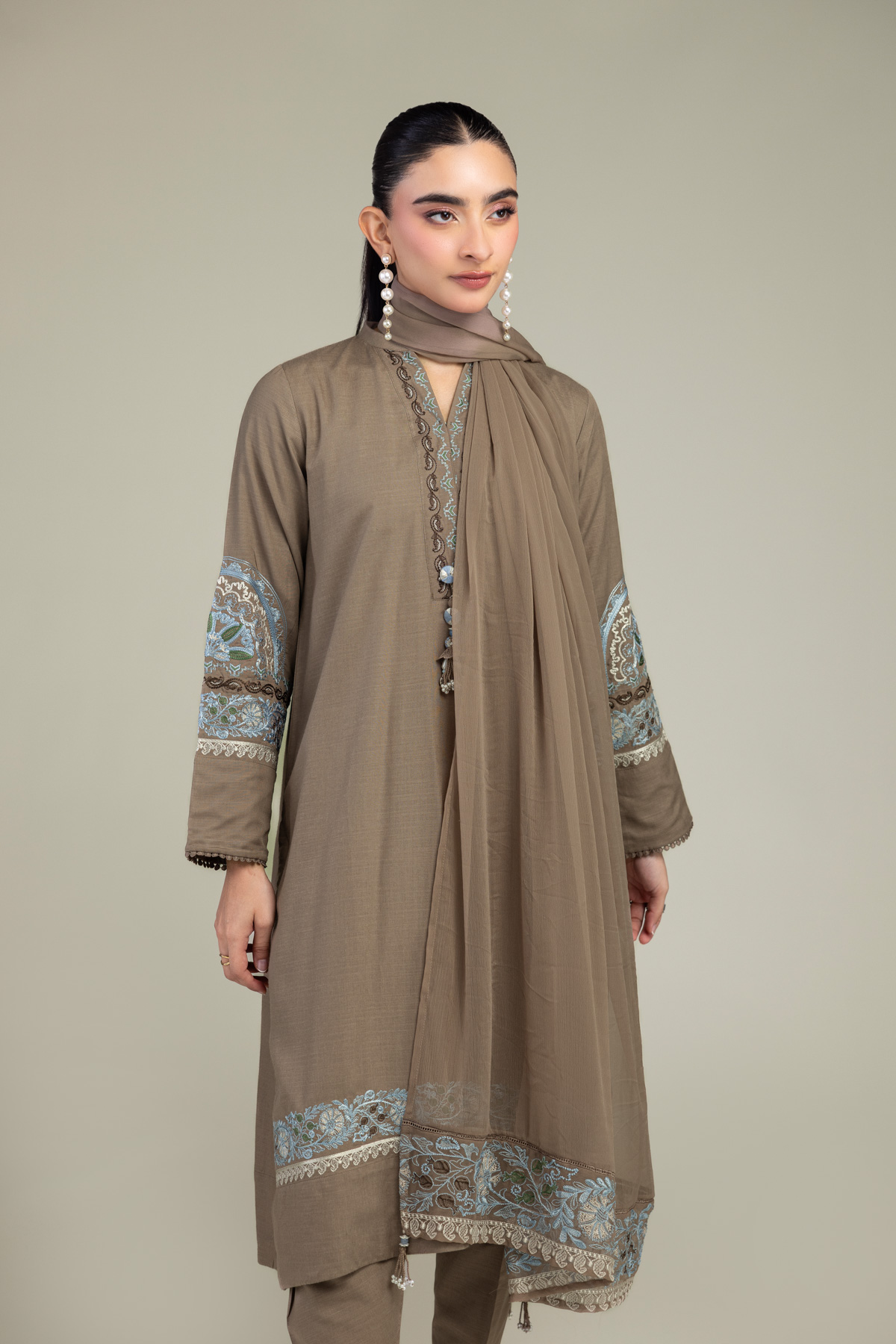 Embroidered Chiffon Brown Floral Dupatta - 1-26-309-B-D1-VG