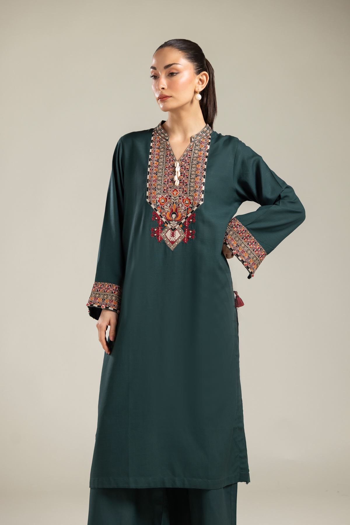 Embroidered Raw Silk Green Longline Kurta - 1-26-106-A-D-VG
