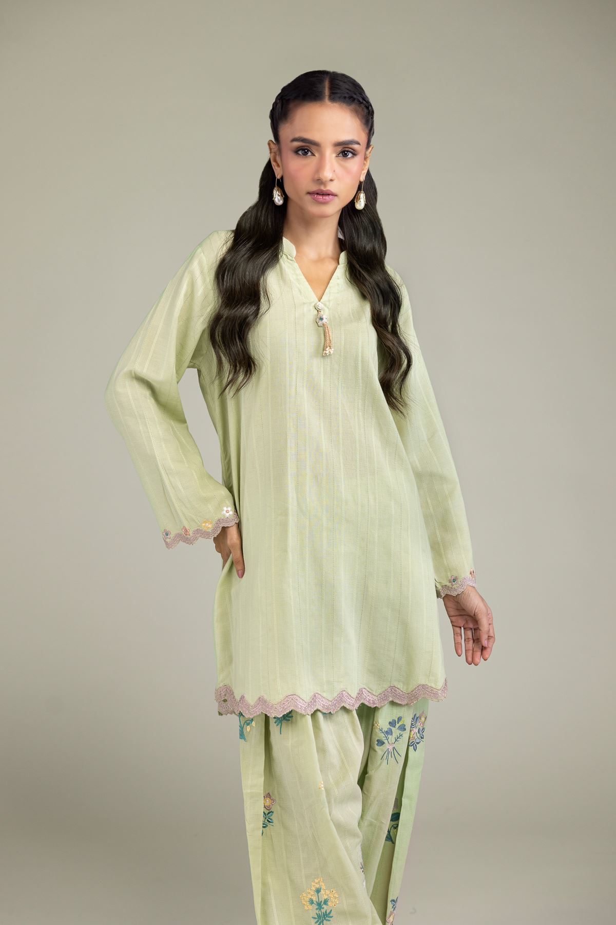 Embroidered Textured Cotton Cotton Band-Collar Kurta - 26-01-2E1-08TA-VG