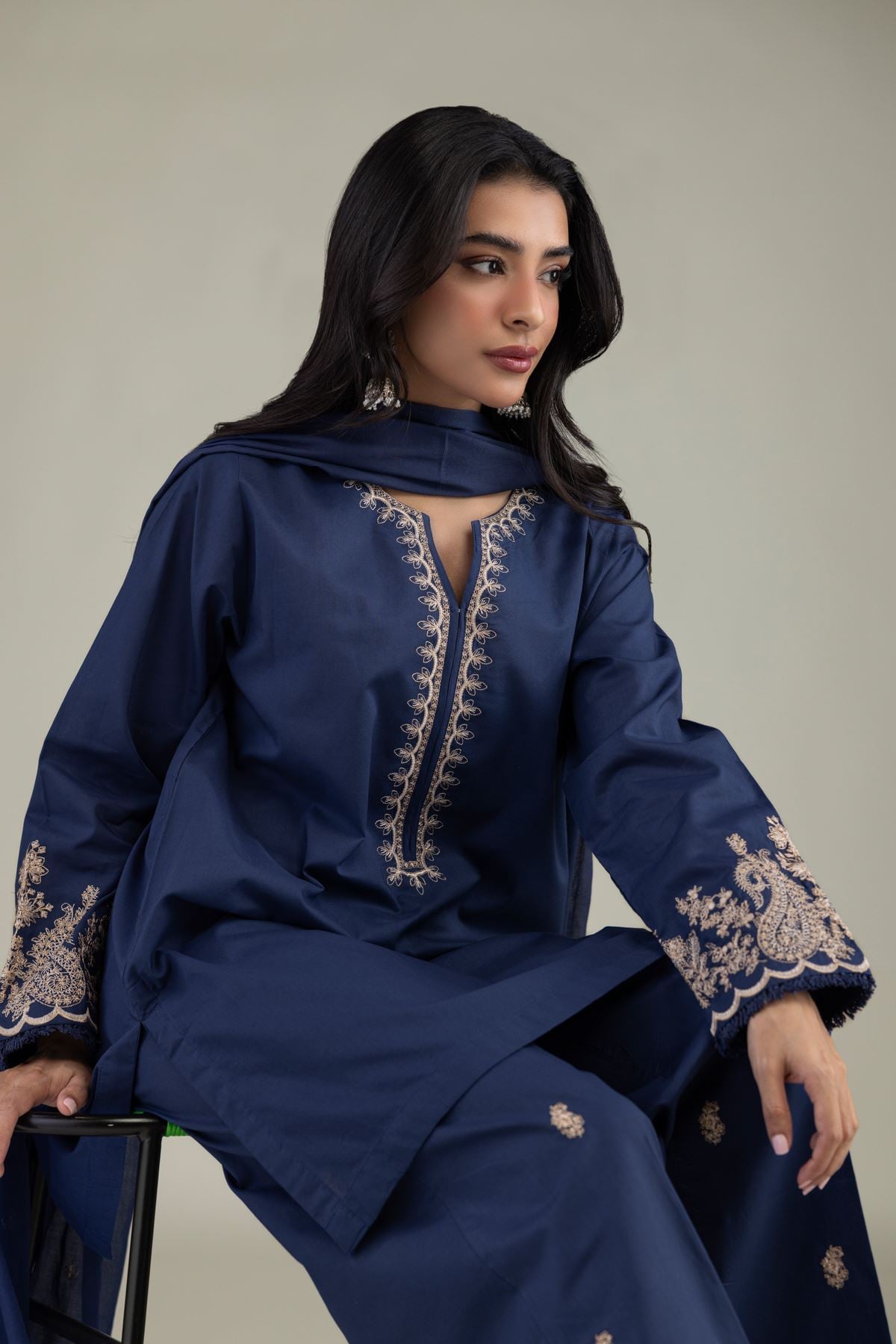 Embroidered Cambric Navy V-Neck Kurta - 8-26-303-A-C1-VG
