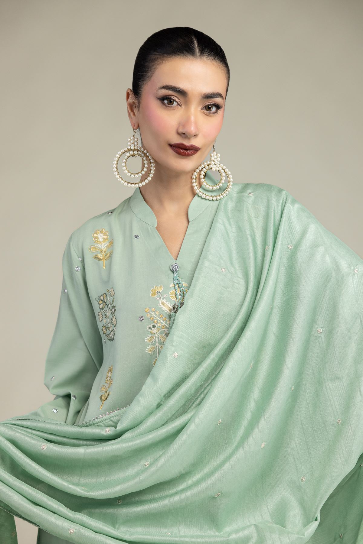 Embroidered Polyester Silk Floral Mint Dupatta - 2-26-207-A-C1-VG