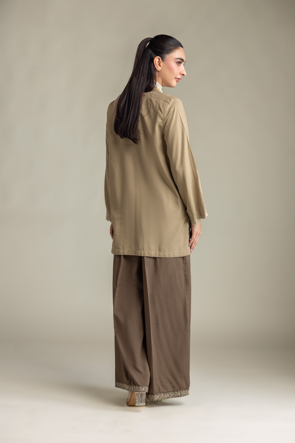 Embroidered Raw Silk Brown Silk Pants - 2-26-418-A-H1-VG