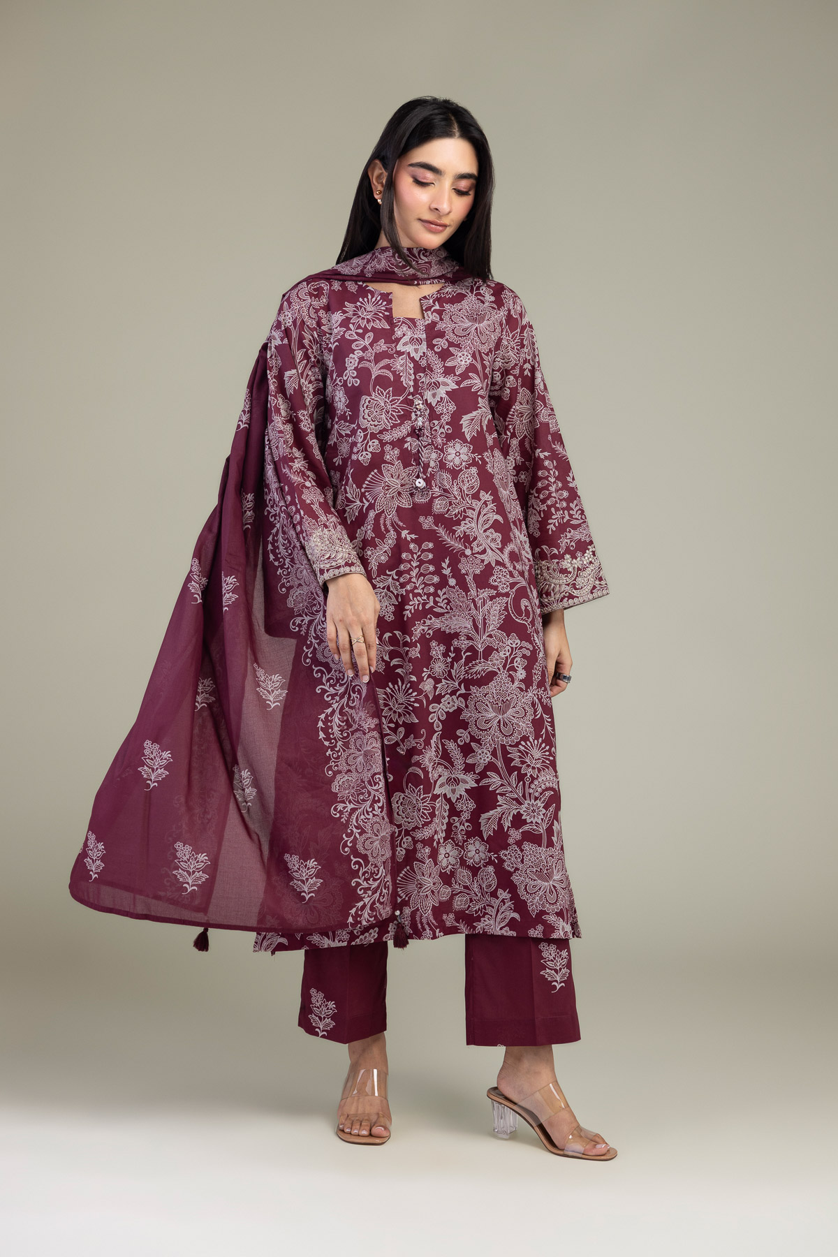 Embroidered Lawn Maroon Lawn Dupatta - A22-26-214FH1-VG
