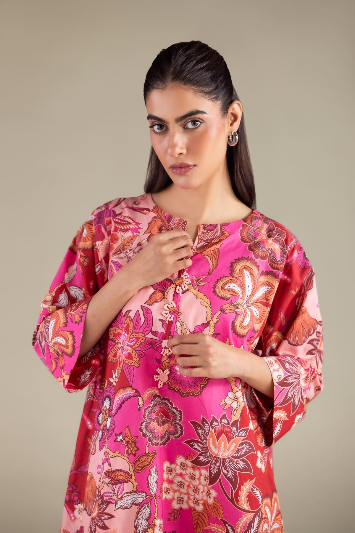 Printed Cambric Floral Keyhole Kurta - 1-26-129-A-D-VG