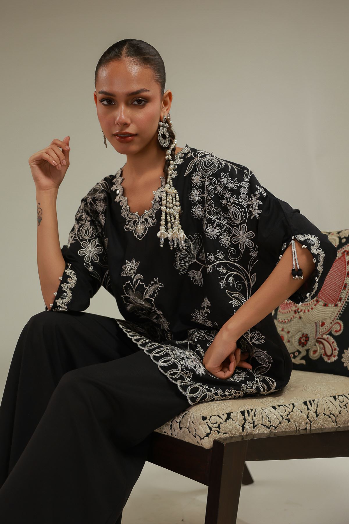 Embroidered Raw Silk Floral Pearled Kurta - 2-26-101-A-G-VG