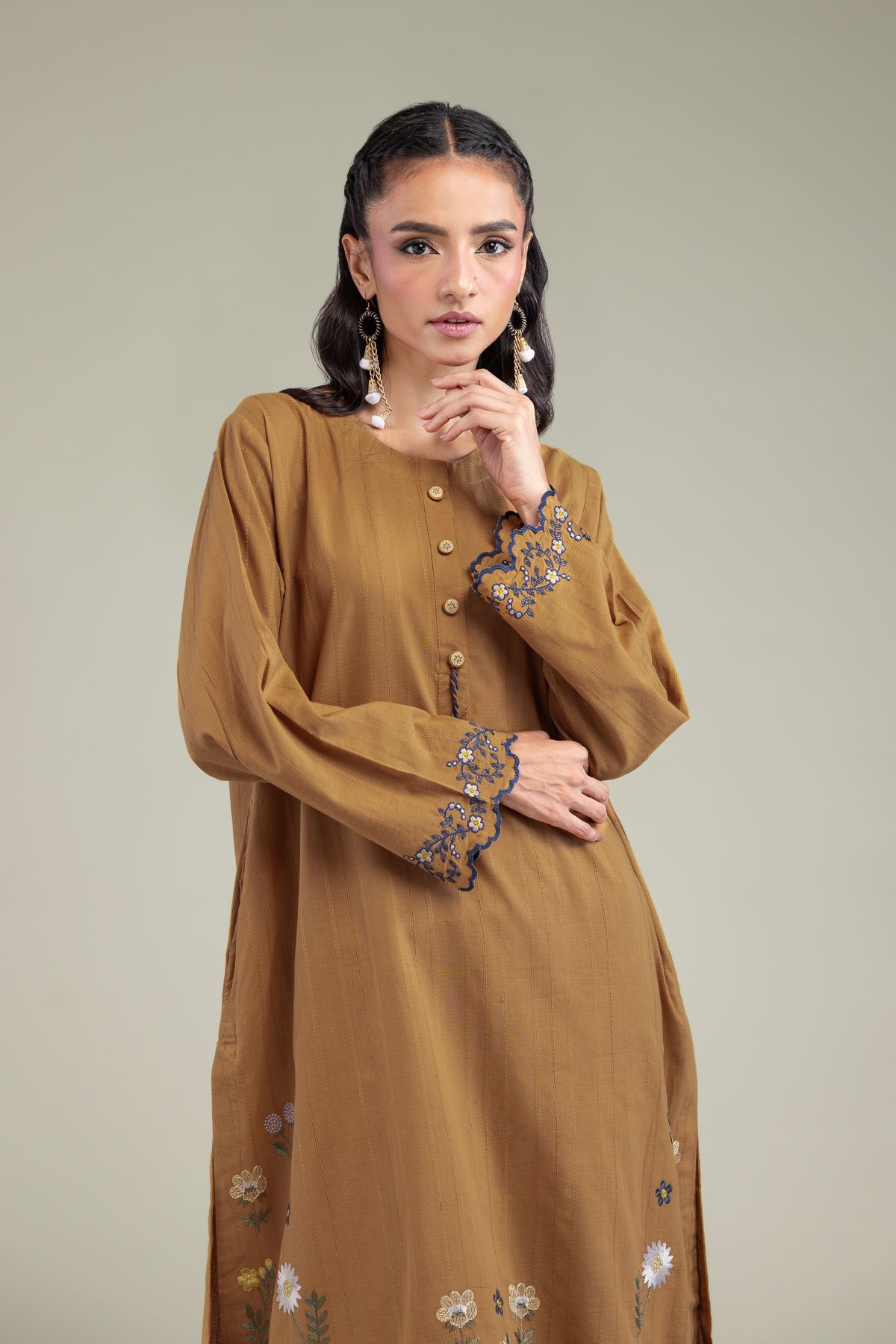 Embroidered Textured Cotton Cotton Longline Kurta - 1-26-206-A-F1-VG
