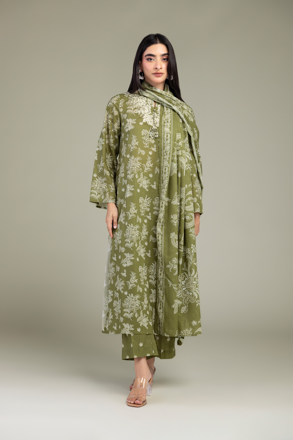 Embroidered Lawn Olive Floral Dupatta - 1-26-309-B-D1-VG