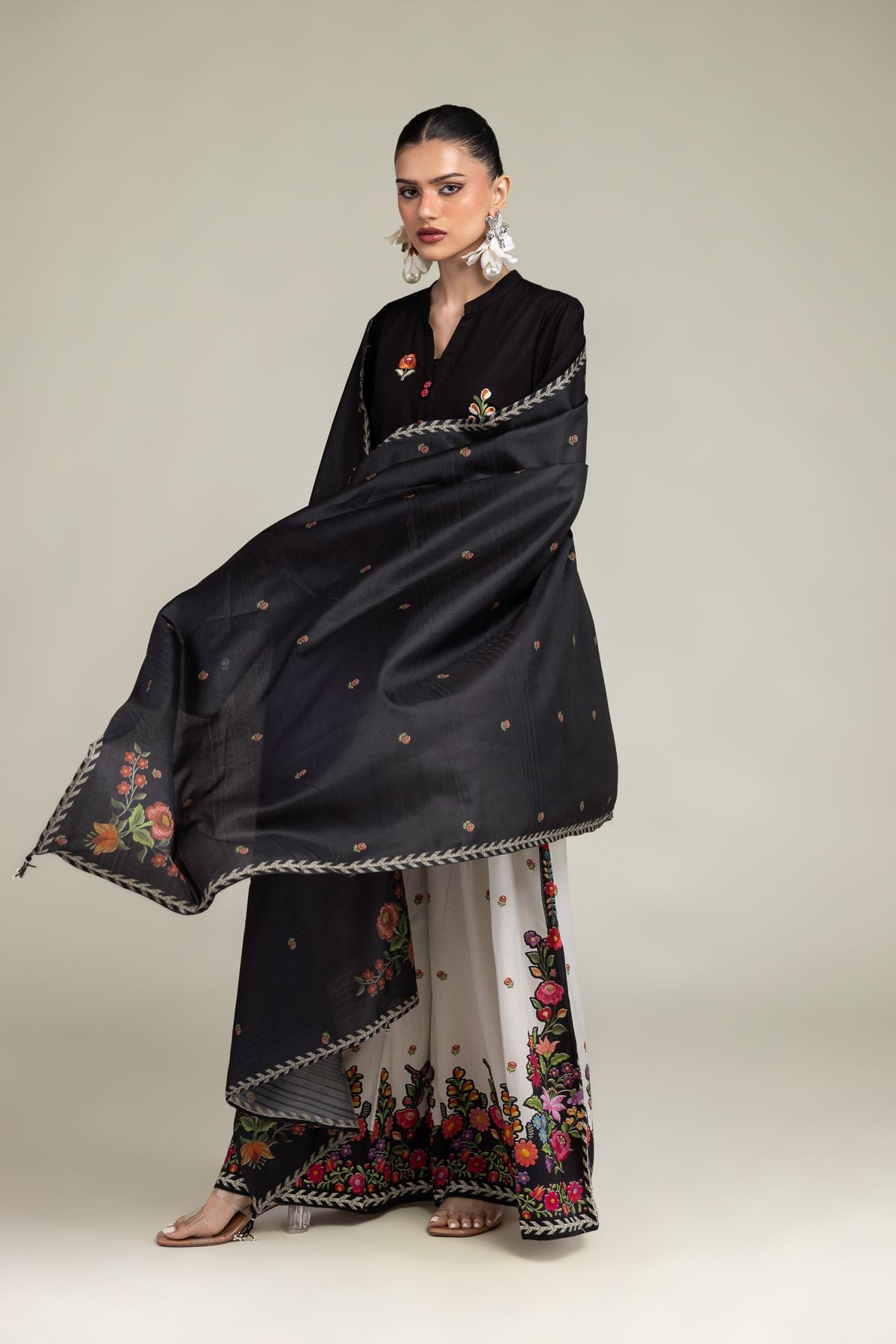 Embroidered Raw Silk Silk Floral Pants - 1-26-203-A-B1-VG