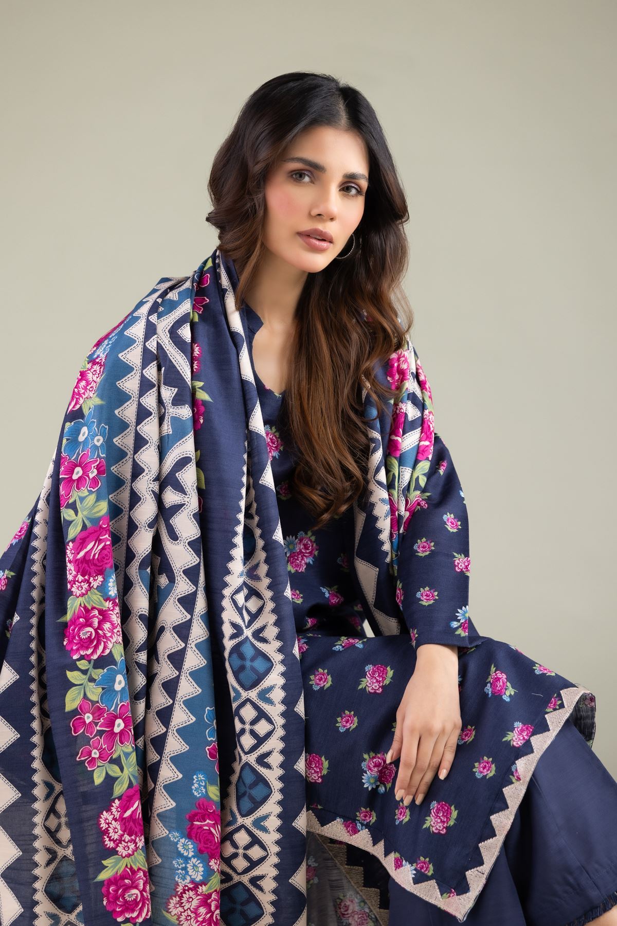Embroidered Textured Cotton Floral Geometric Dupatta - 1-26-115-C-F-VG