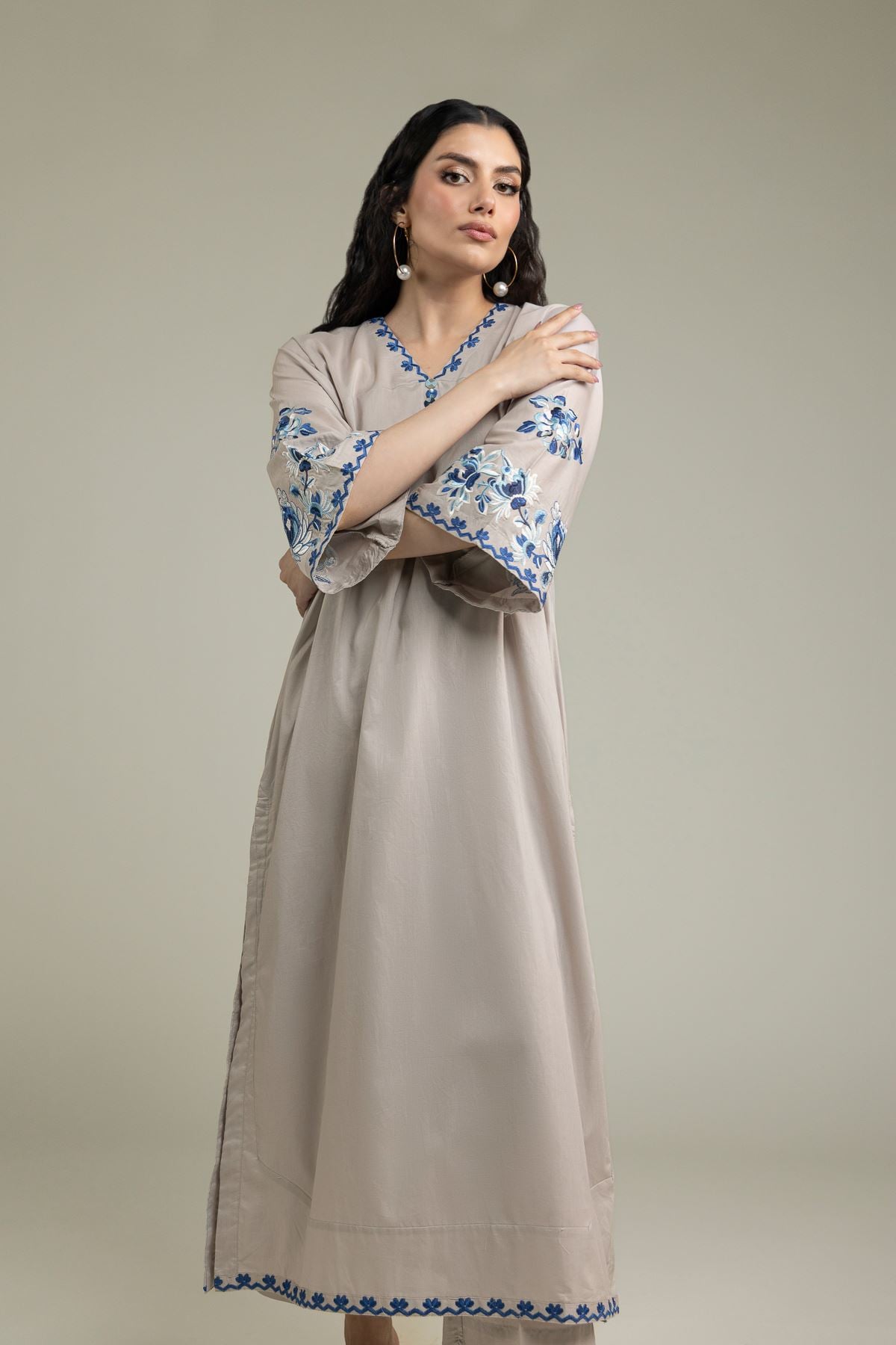 Embroidered Cambric Long Floral Kurta - 1-26-231-A-F1-VG