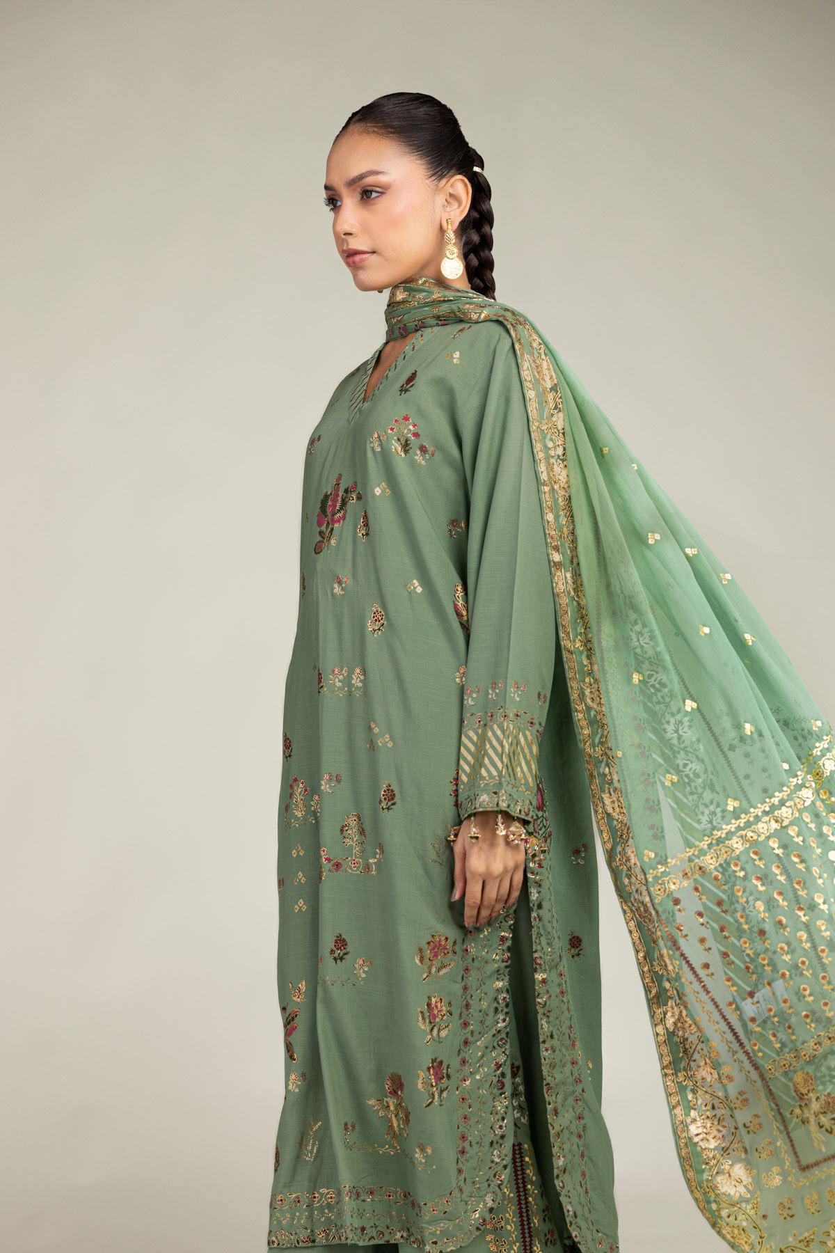 Embroidered Raw Silk 3-Piece Co-ords Set - 8-26-304-A-B1-VG
