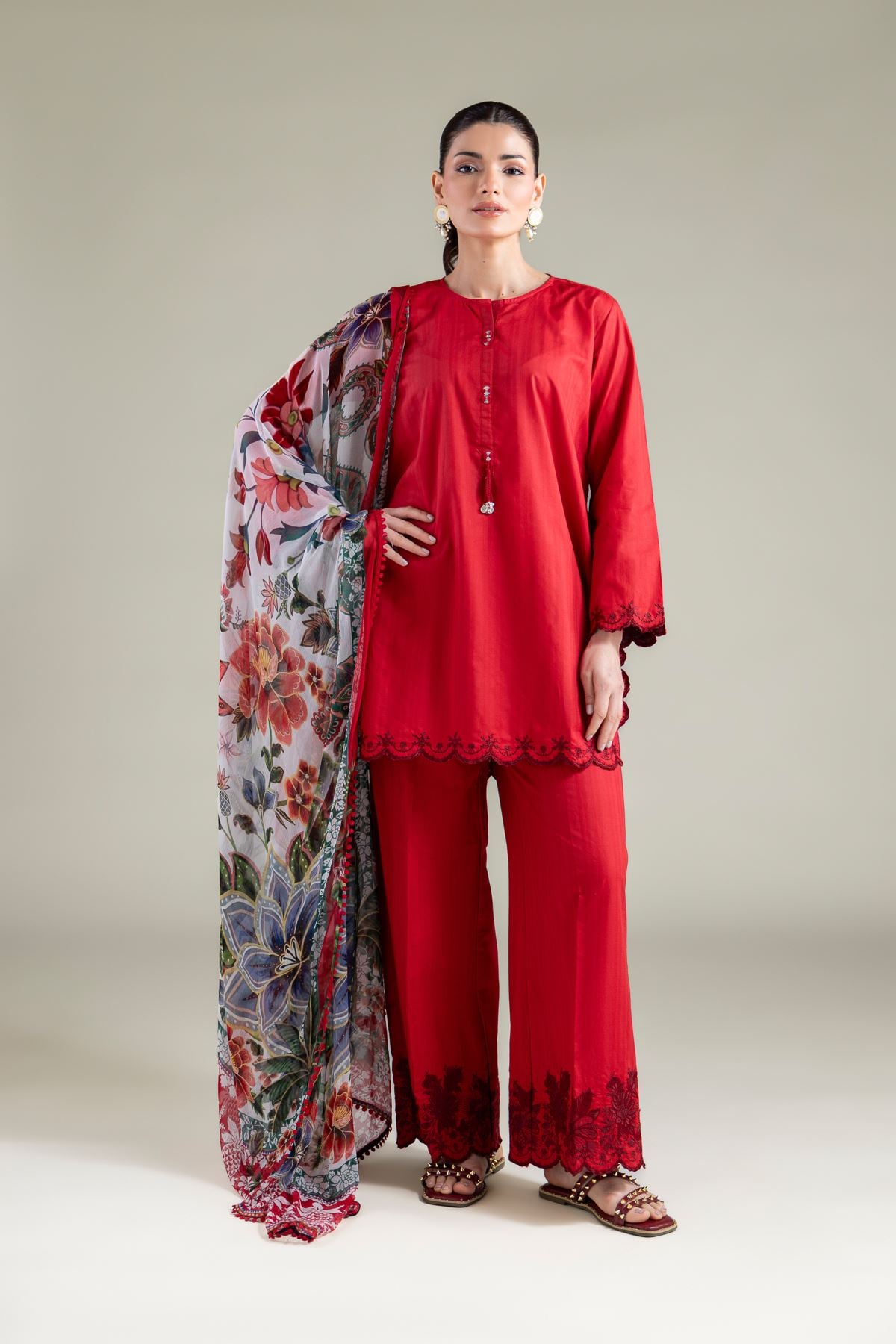 Embroidered Cotton Dobby Floral Threadwork Pants - 1-26-103-A-D-VG