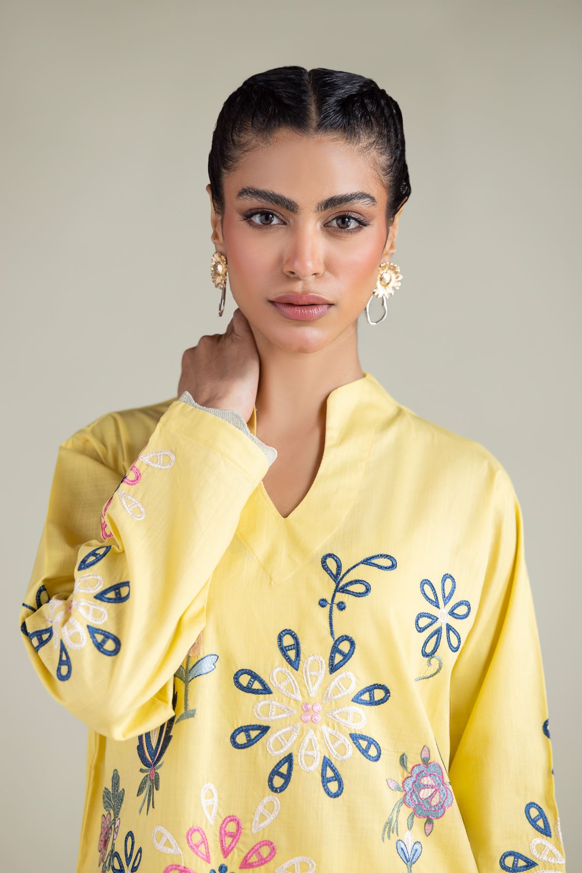 Embroidered Textured Cotton Floral V-Neck Kurta - 1-26-120-A-A-VG