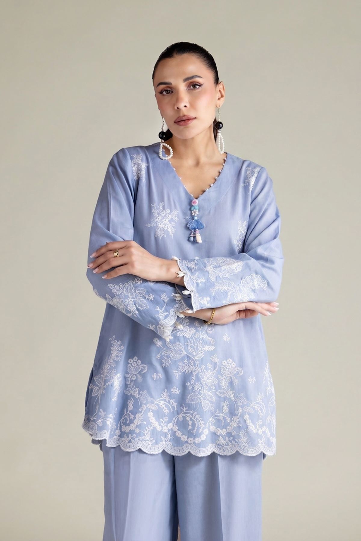 Embroidered Textured Cotton Tailored 2 Piece | Top and Bottom - T-A22-26-207EA2-VG