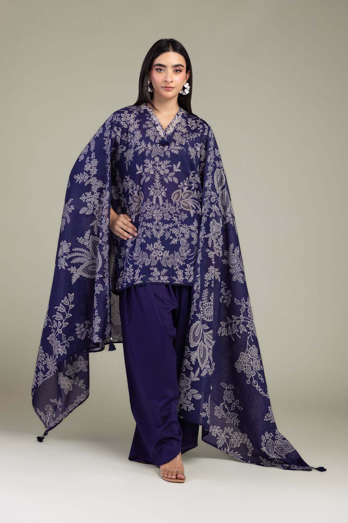Embroidered Lawn Floral Navy Dupatta - 1-26-102-A-F-VG