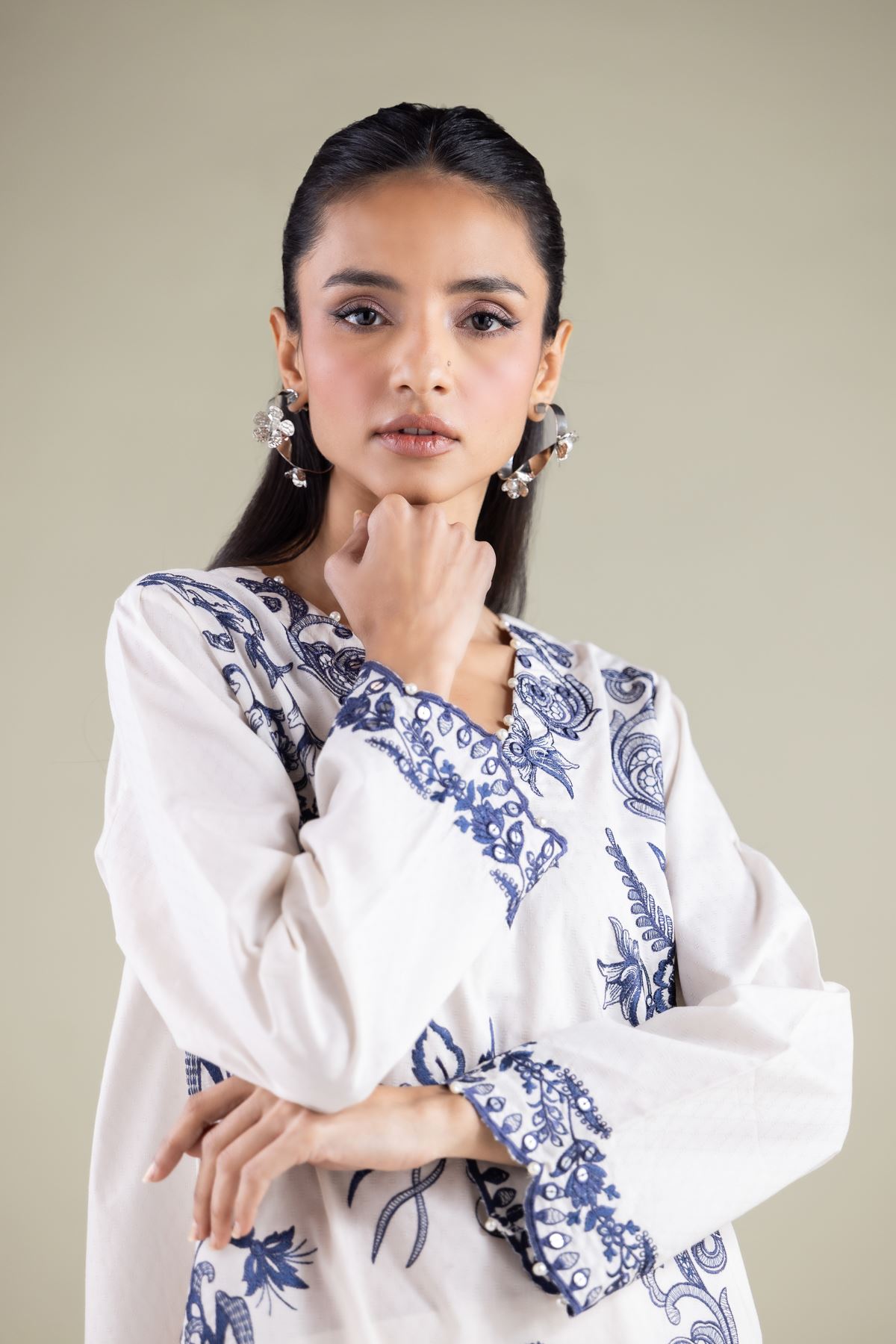 Embroidered Cotton Dobby Floral V-Neck Kurta - 1-26-108-A-F-VG