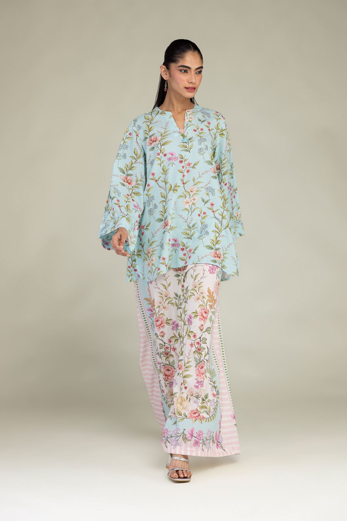 Printed Cotton Viscose Blue V-Neck Kurta - 1-26-216-B-F1-VG