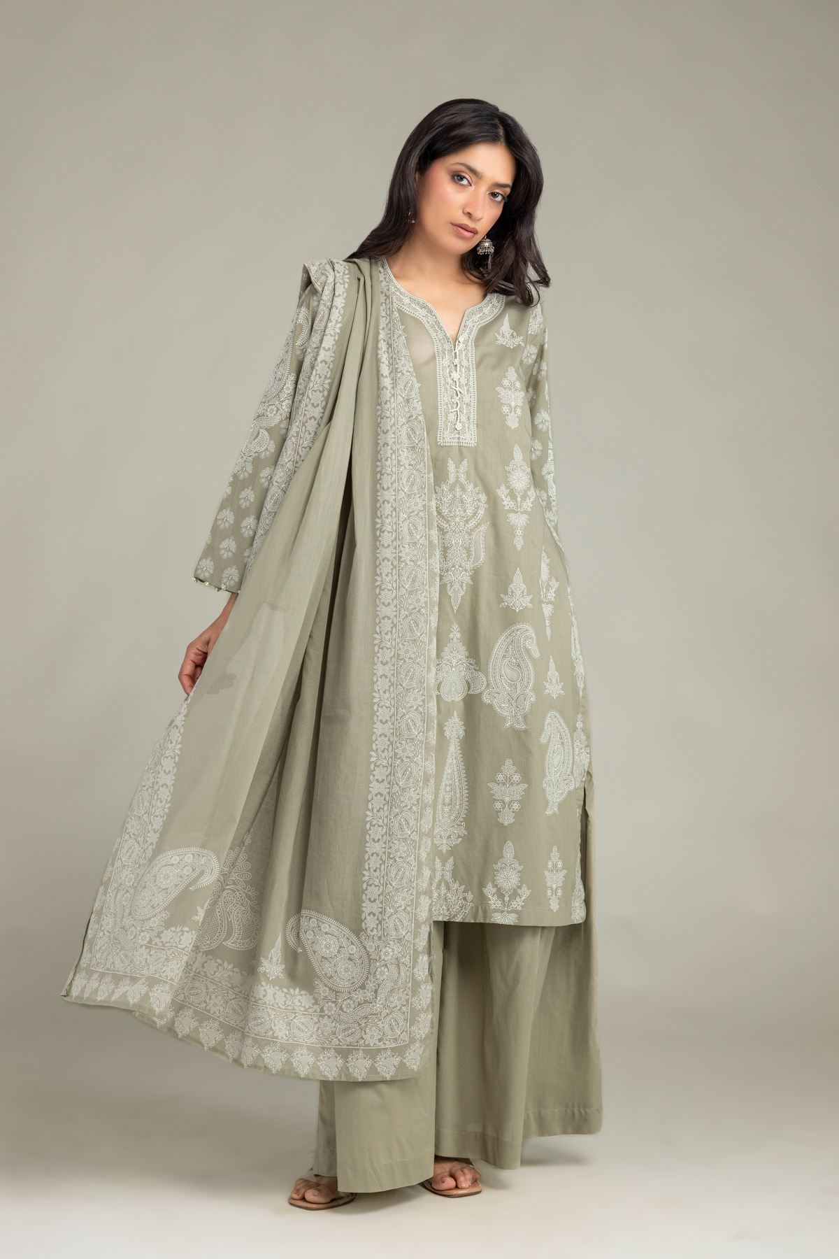 Printed Lawn Olive Lawn Dupatta - 1-26-102-A-F-VG