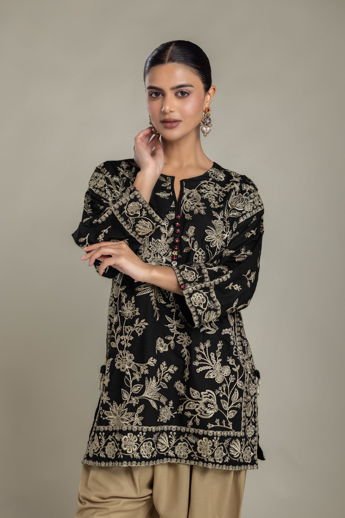 Embroidered Raw Silk Black Floral Kurta - 2-26-202-A-D-VG