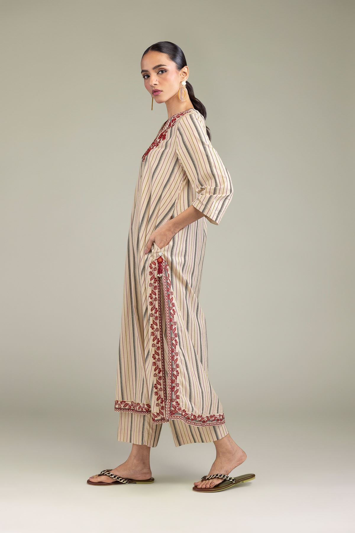 Embroidered Cambric Beige Cambric Pants - 1-26-210-A-B1-VG