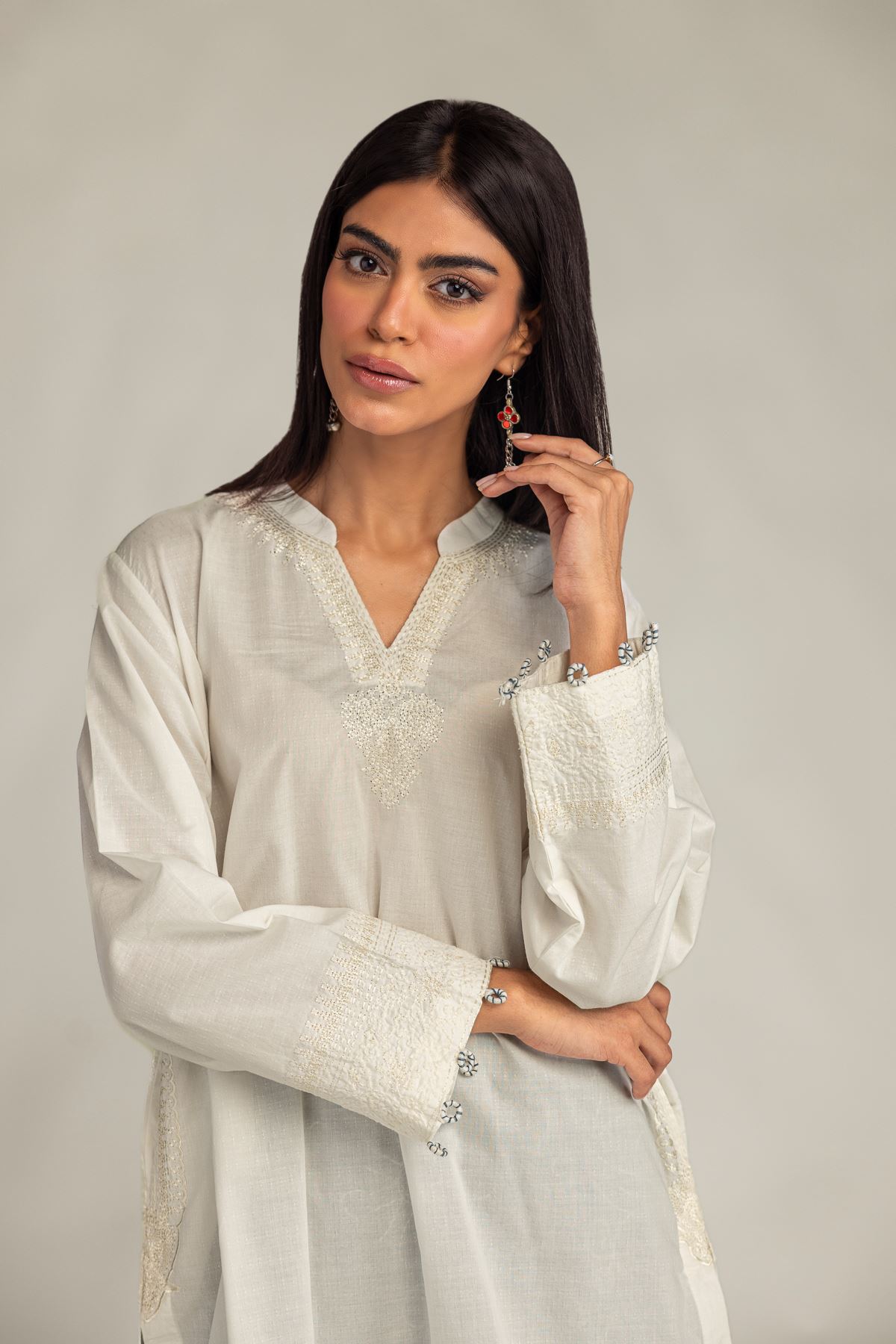 Embroidered Cotton Dobby V-Neck Solid Kurta - 1-26-250-B-H1-VG