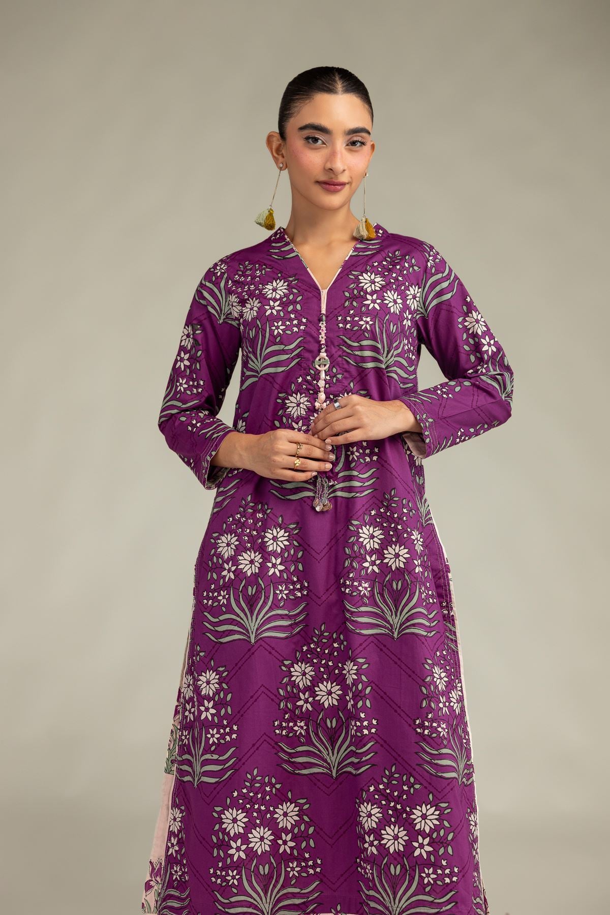 Printed Cambric V-Neck Longline Kurta - 2-26-308-A-G1-VG