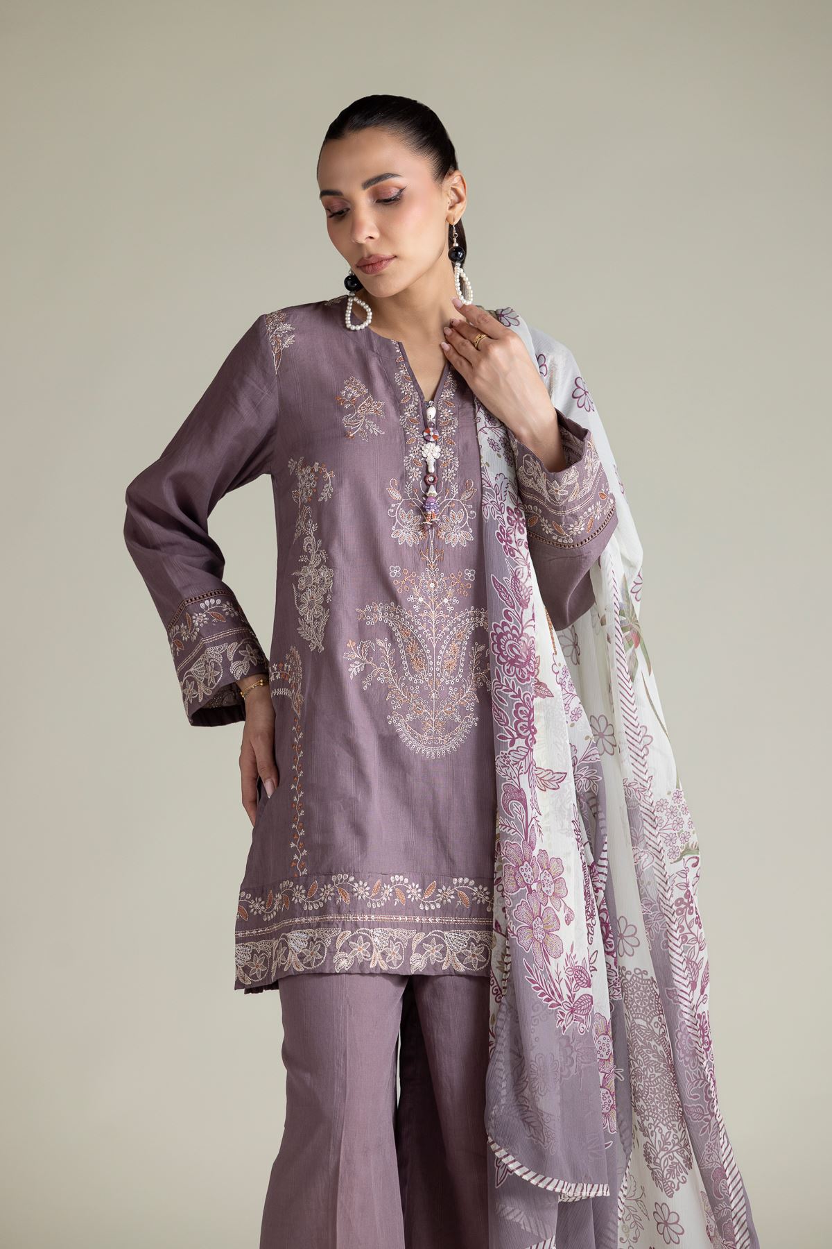Embroidered Textured Cotton Tailored 3 Piece - T-A22-26-207FE2-VG