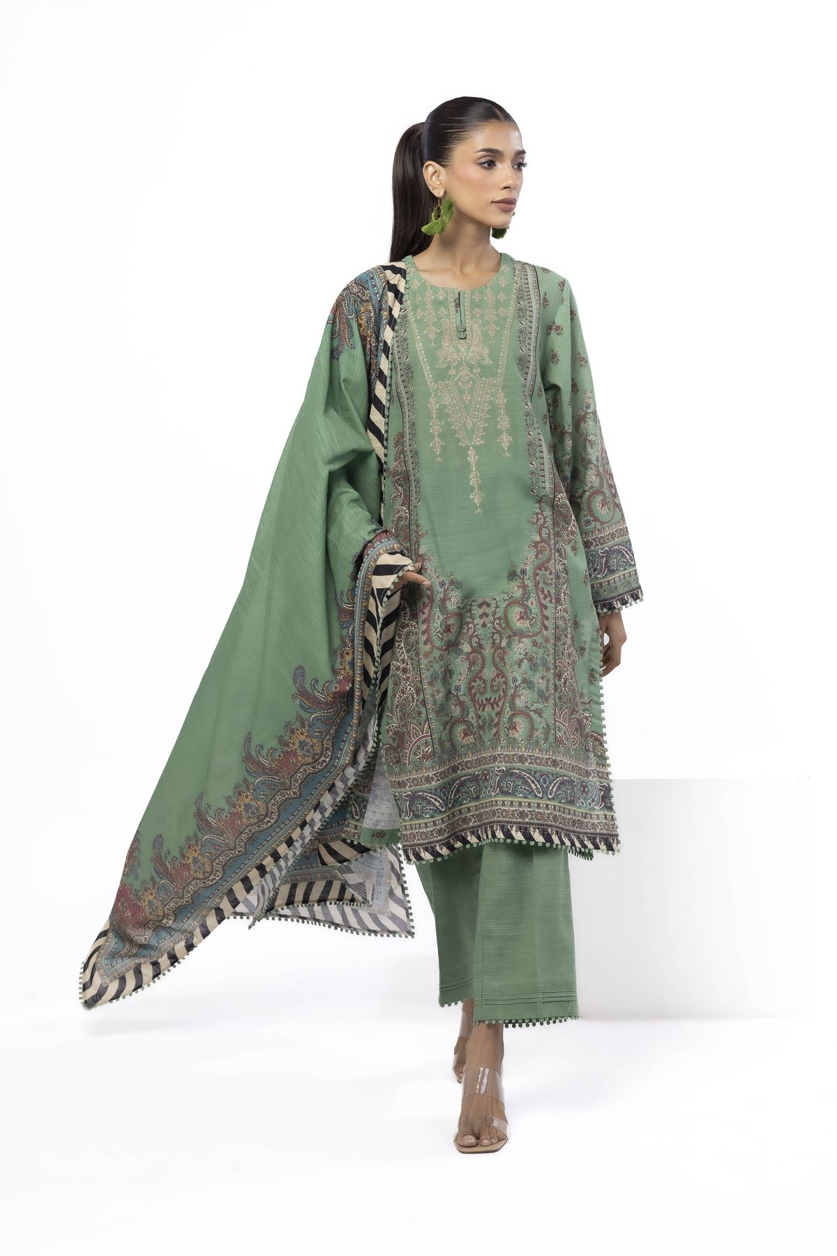 Embroidered Slub Cotton Fabrics 3 Piece - 1001908344