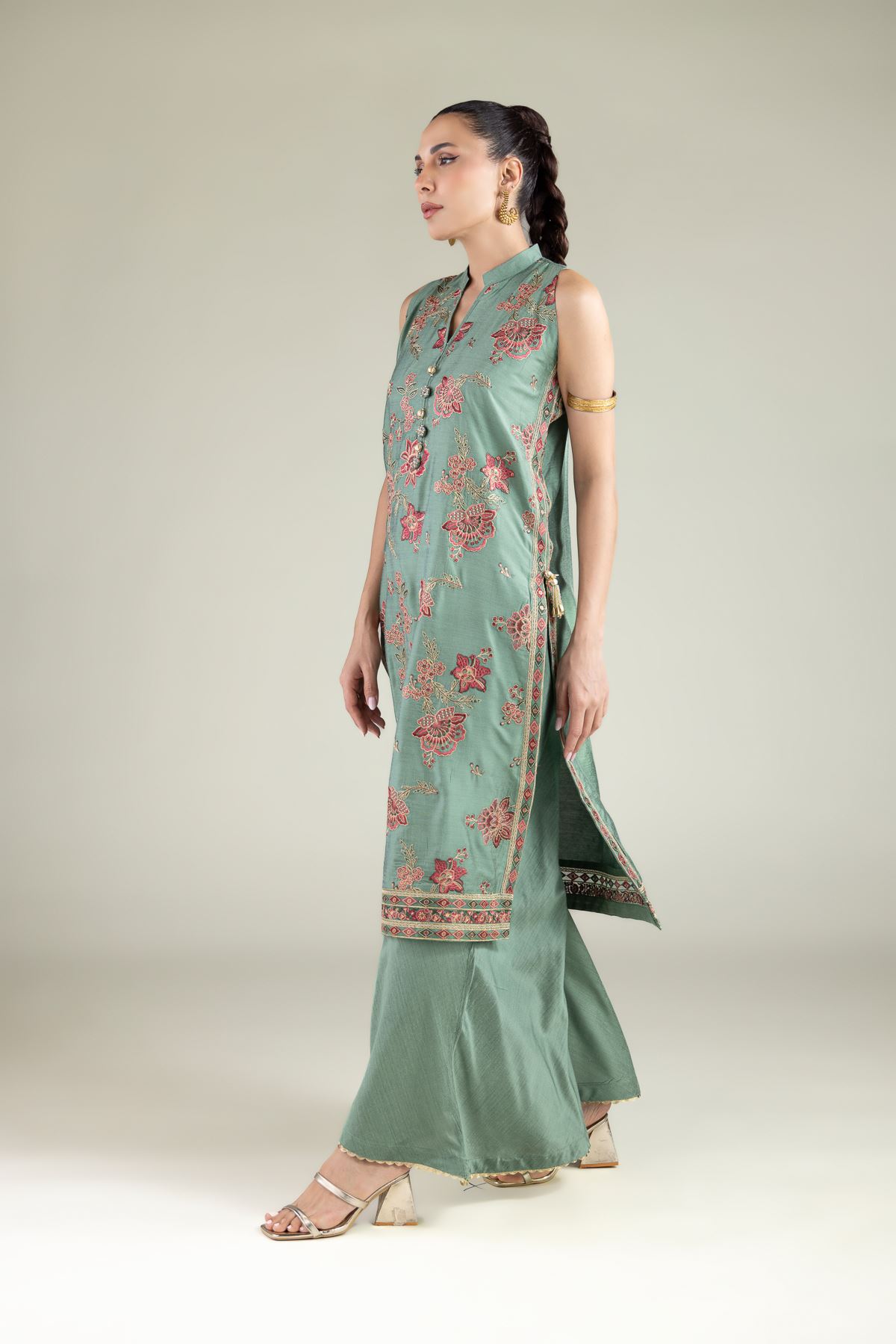 Embroidered Raw Silk Summer Relaxed Pants - 2-26-101-A-B-VG