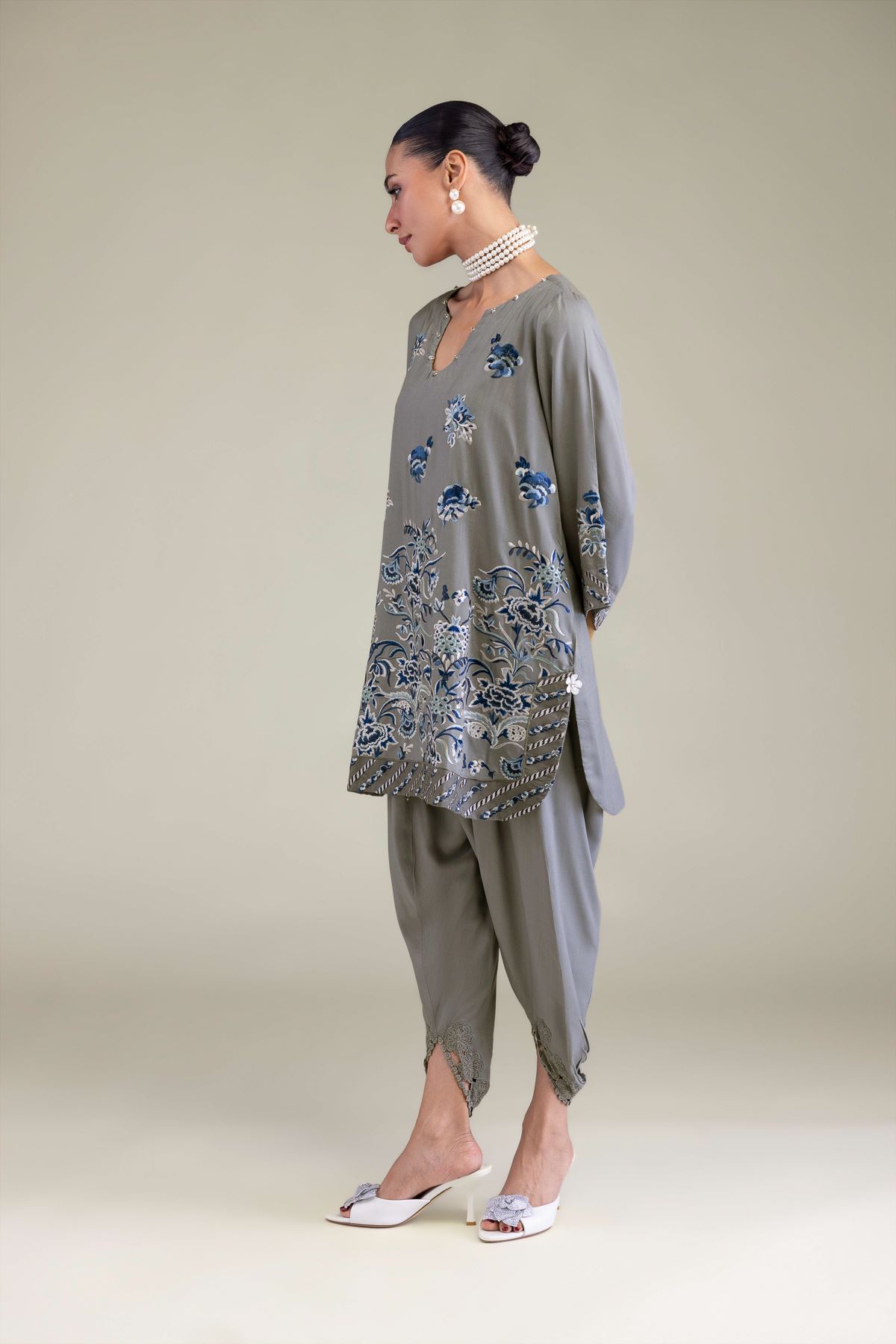 Embroidered Raw Silk Gray Floral Pants - 2-26-206-A-G1-VG
