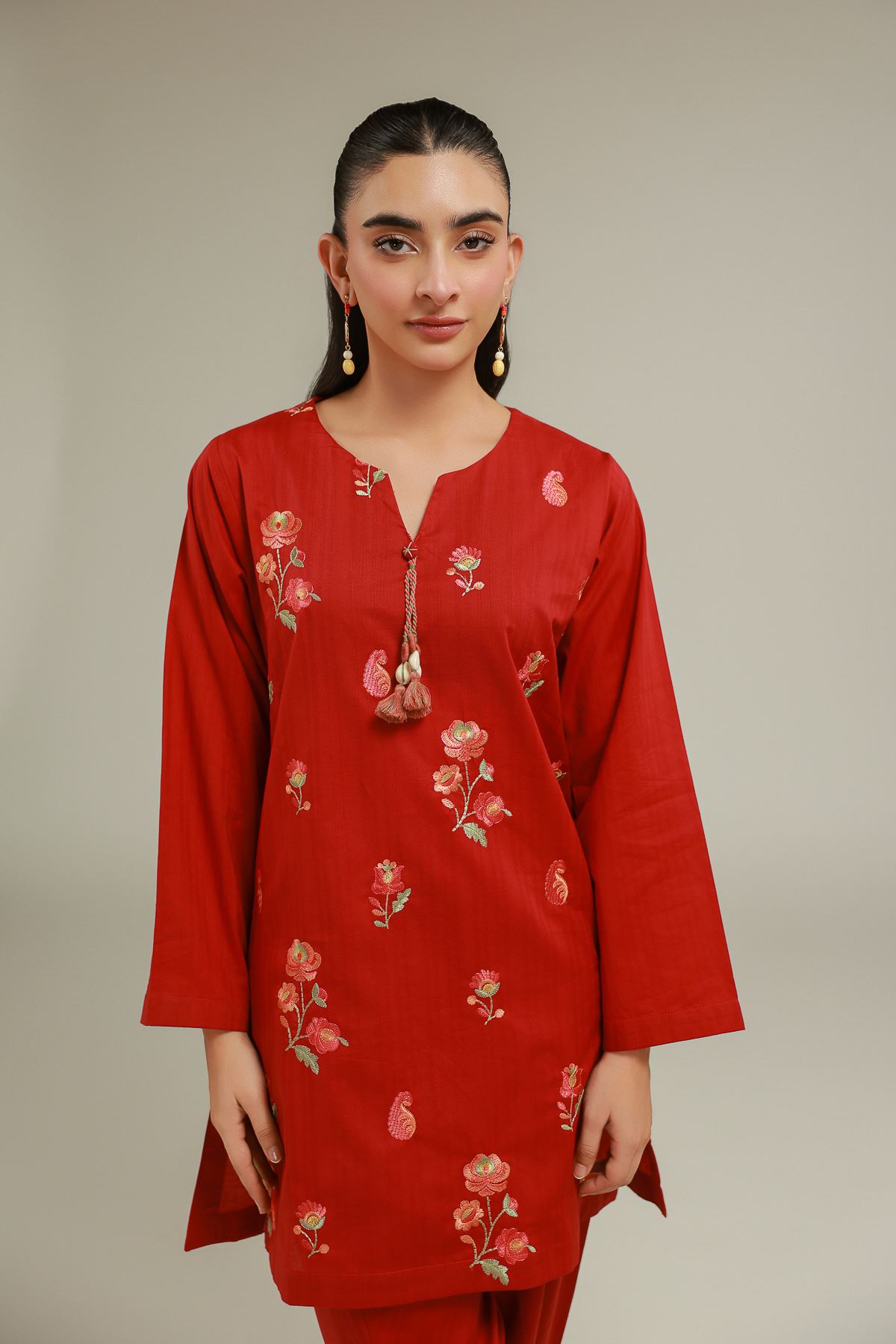 Embroidered Cotton Dobby Red Floral Kurta - T-A22-26-103FA1-VG