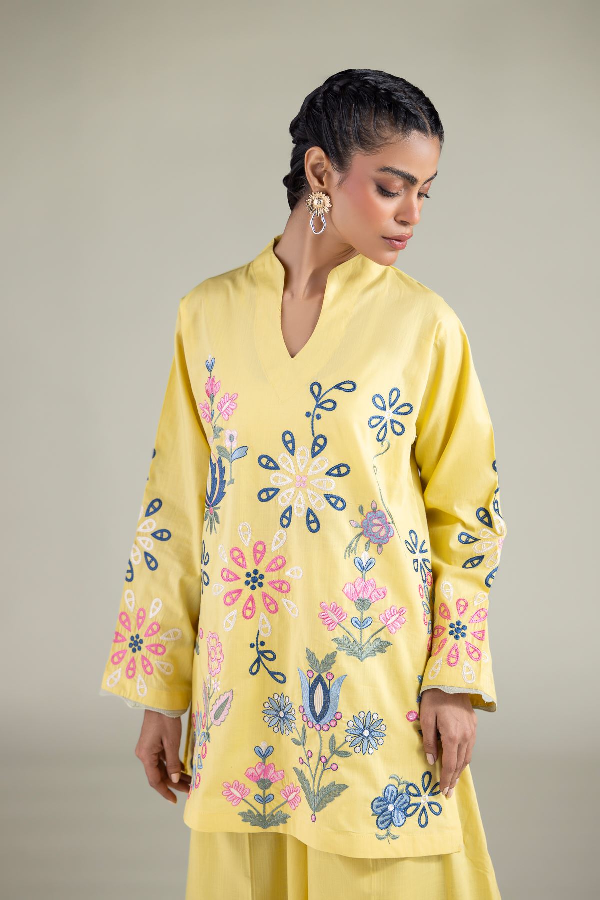 Embroidered Textured Cotton Floral V-Neck Kurta - 1-26-120-A-A-VG