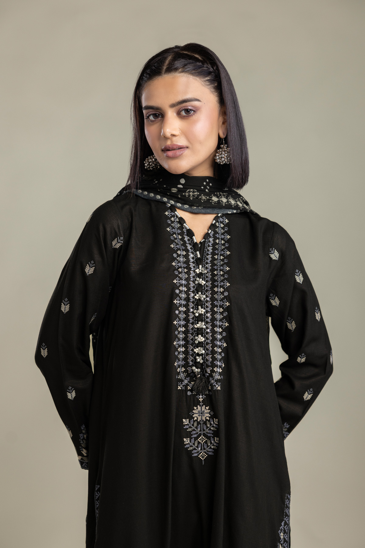 Embroidered Raw Silk Black Tailored 3-Piece - 1-26-408-A-B1-VG