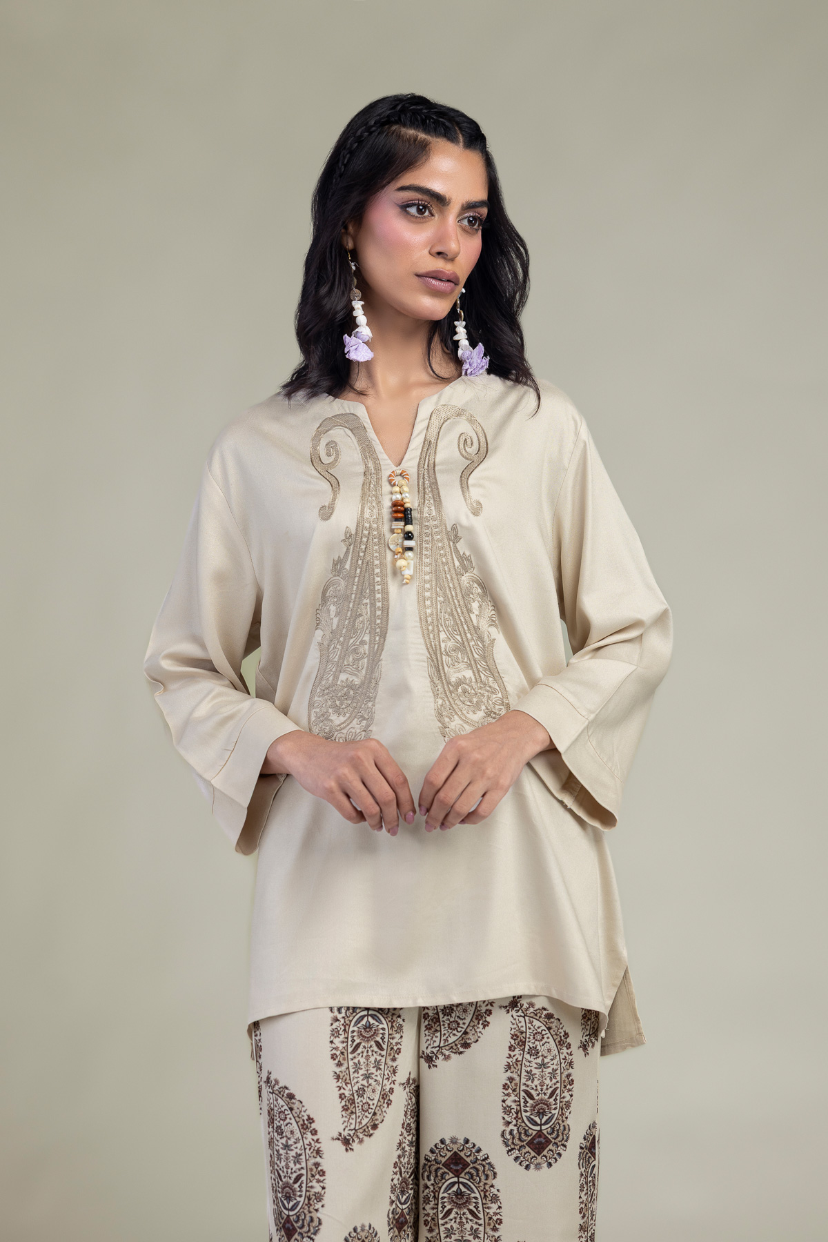 Embroidered Viscose Crepe Short V-Neck Tunic - 1-26-250-B-H1-VG