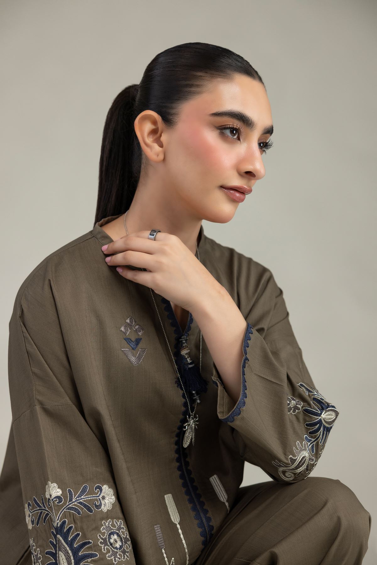 Embroidered Textured Cotton Floral Olive Blouse - 6-26-204-A-D2-VG