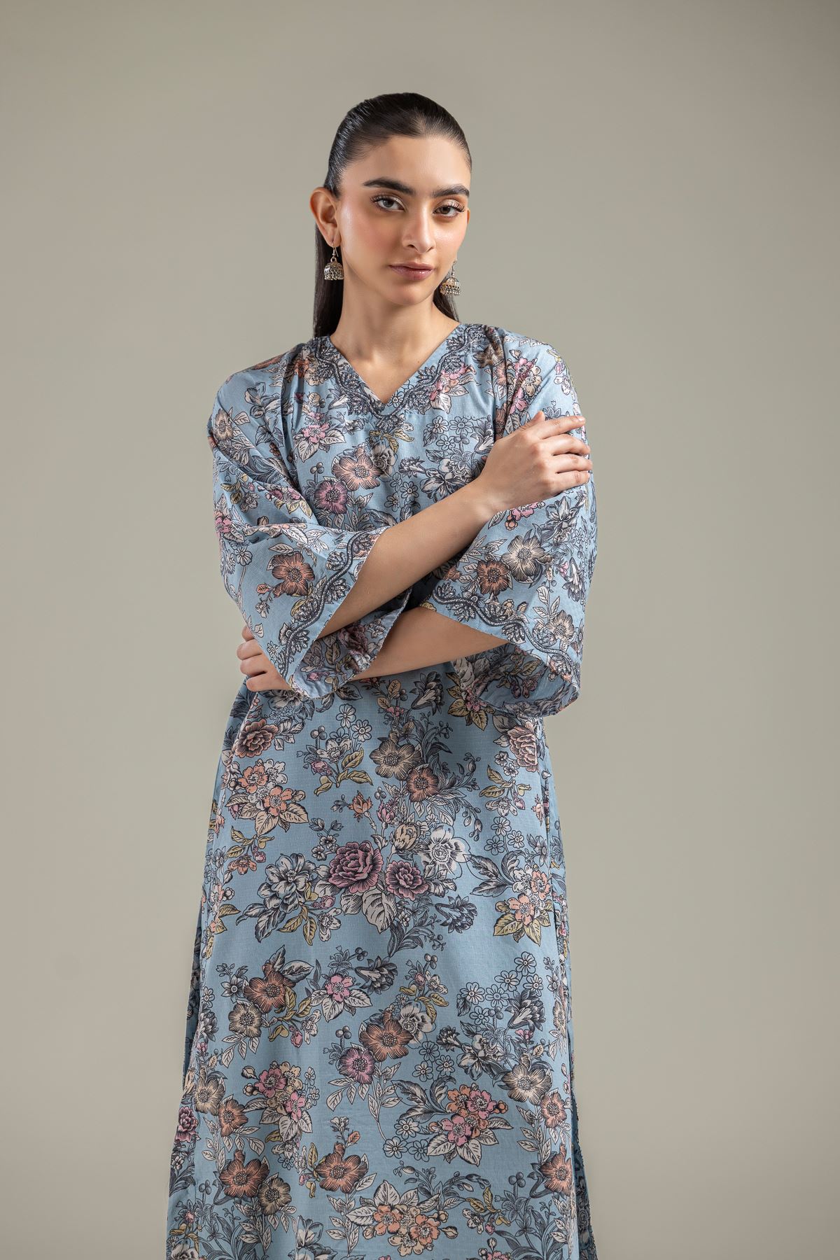 Embroidered Cotton Dobby Blue Longline Kurta - 2-26-107-A-F-VG