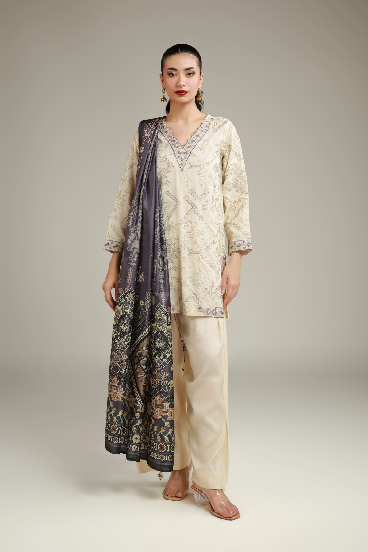 Embroidered Raw Silk Embroidered Silk Shalwar - 2-26-106-A-B-VG