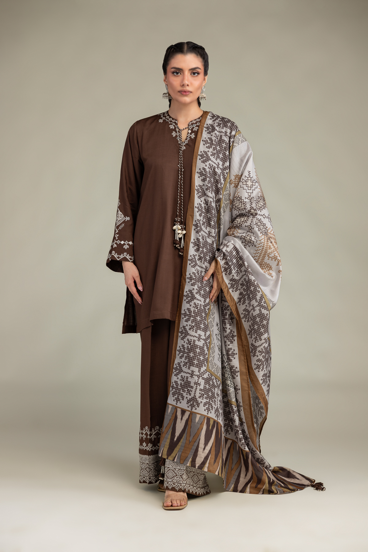 Embroidered Polyester Silk Brown Silk Dupatta - 1-26-102-A-F-VG
