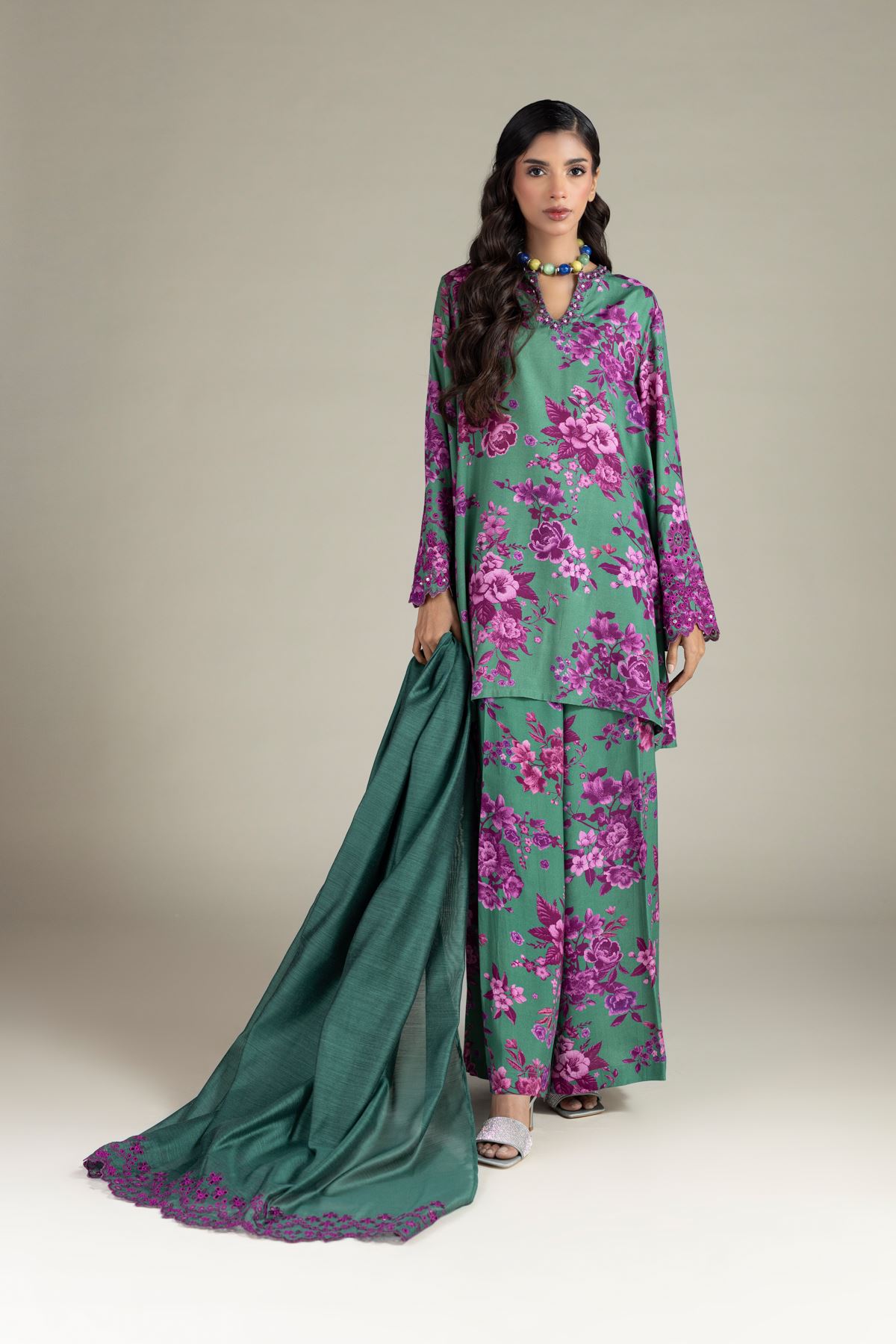 Embroidered Raw Silk 3-Piece Tailored Set - T-A22-26-122FE1-VG