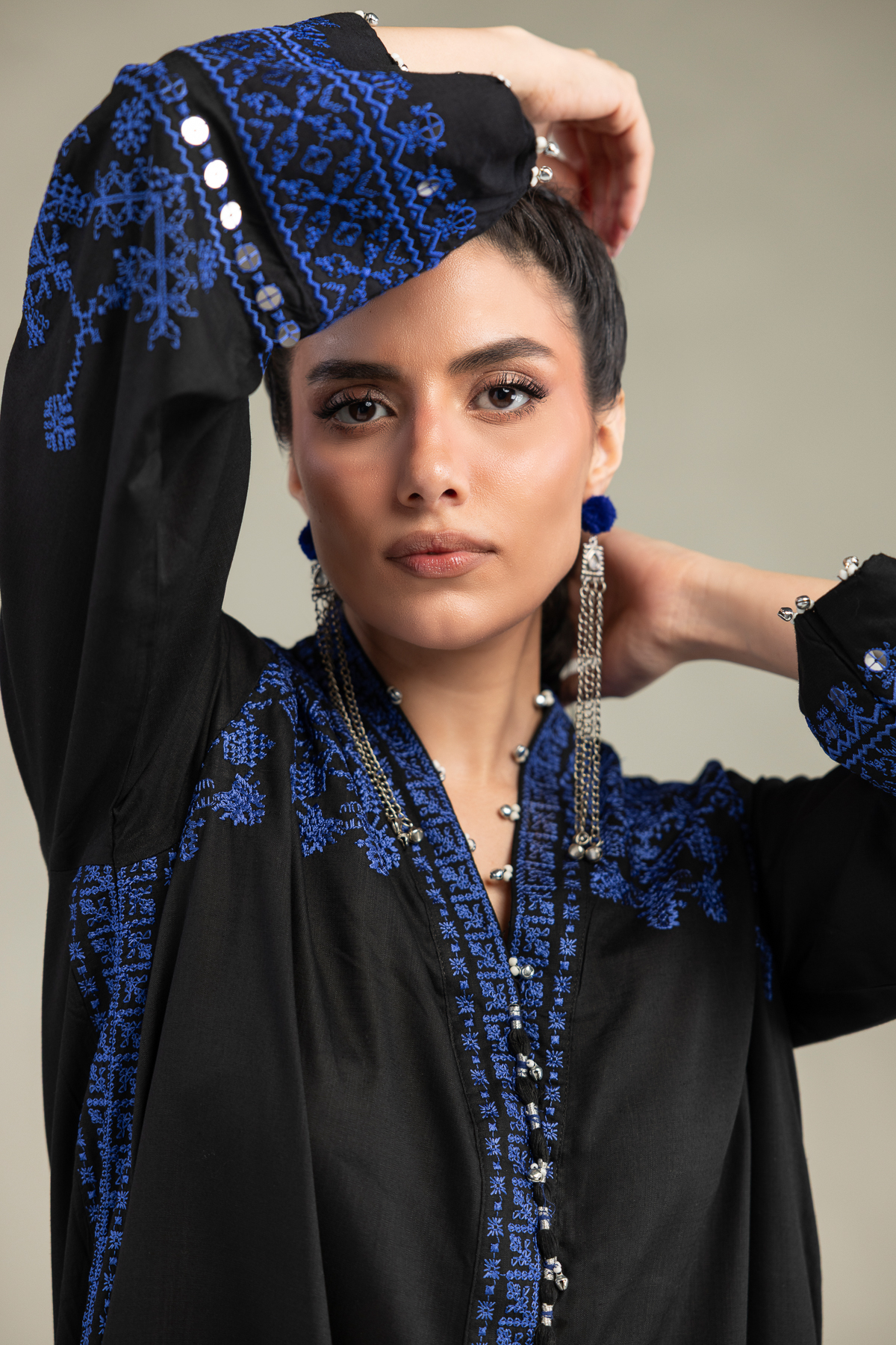Embroidered Raw Silk V-Neck Longline Kurta - 1-26-322-B-A1-VG