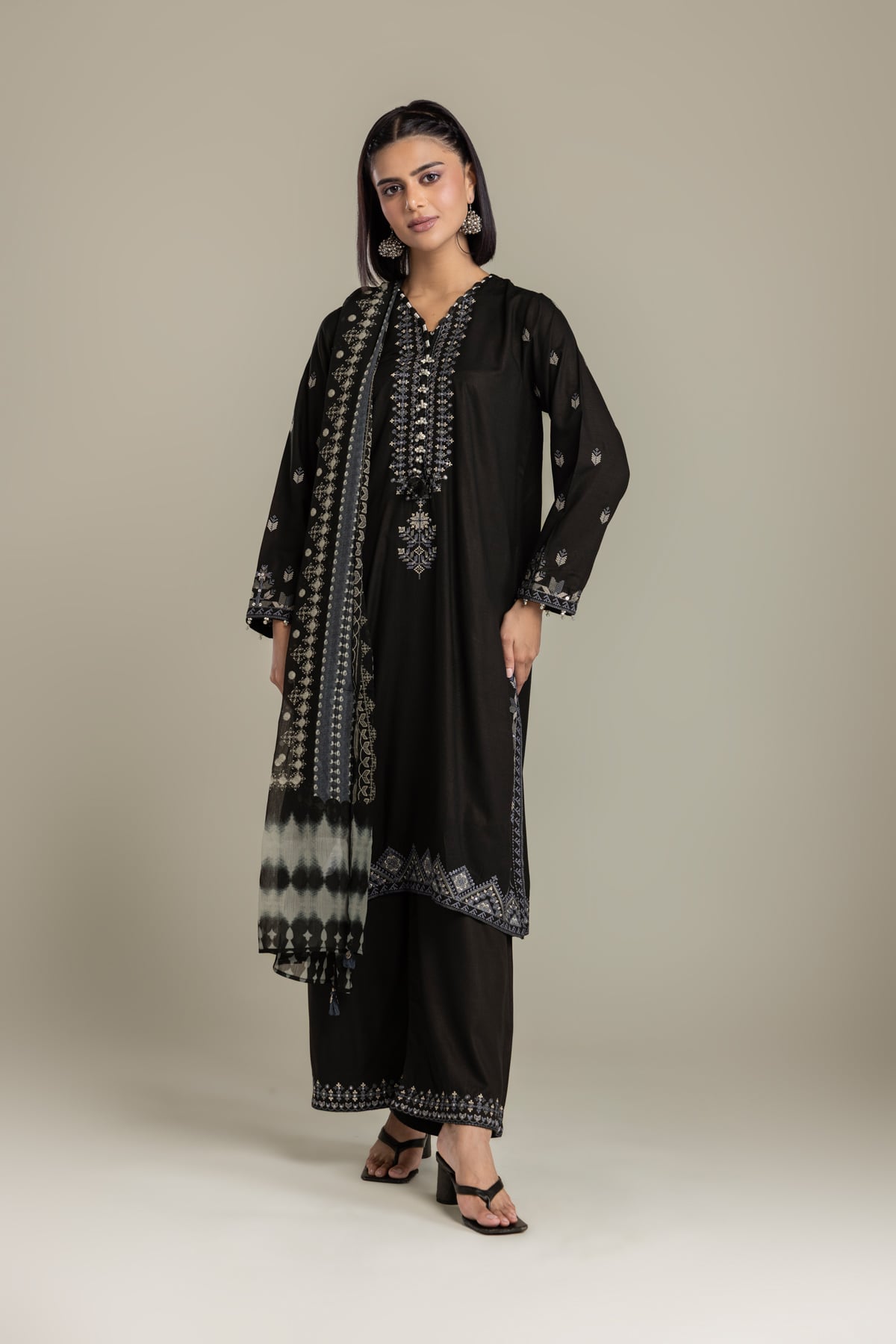 Embroidered Raw Silk Black Tailored 3-Piece - 1-26-408-A-B1-VG