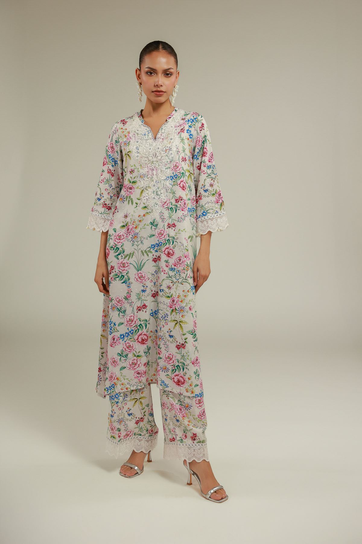 Embroidered Raw Silk Floral Lace Pants - 2-26-103-A-B-VG