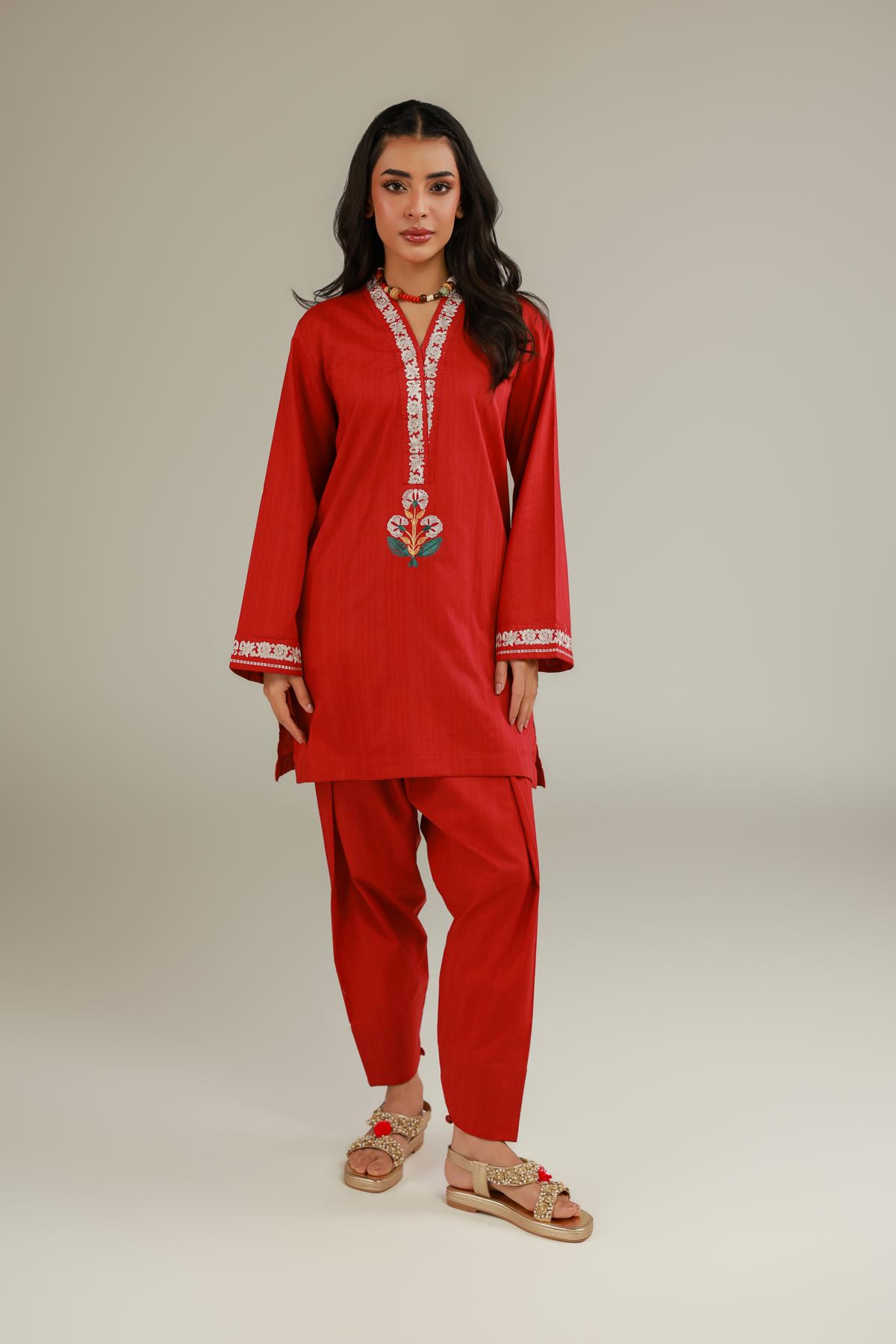 Embroidered Cotton Dobby Red Floral Kurta - 1-26-113-A-B-VG