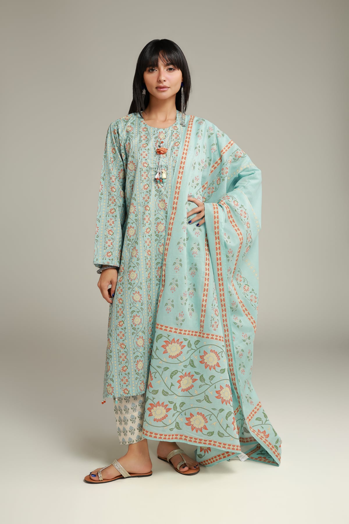 Printed Cambric Floral Tassel Kurta - 12-26-115-E-H-VG